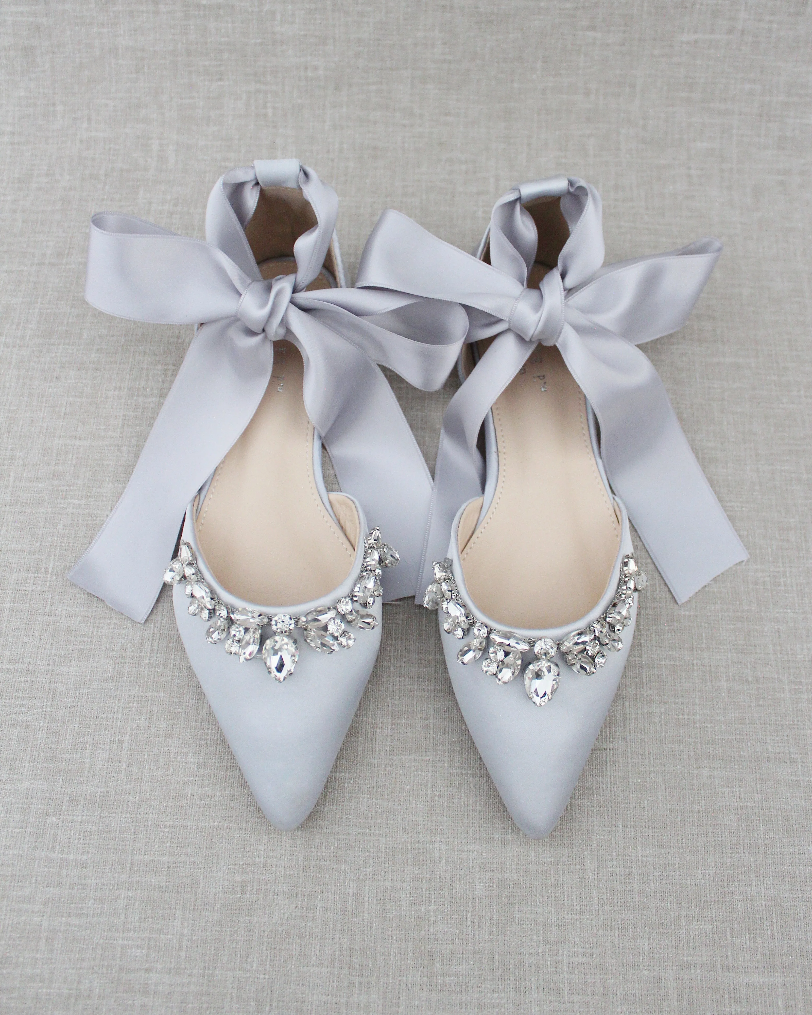 Satin Pointy Toe Flats with Teardrop Rhinestones Embellishments
