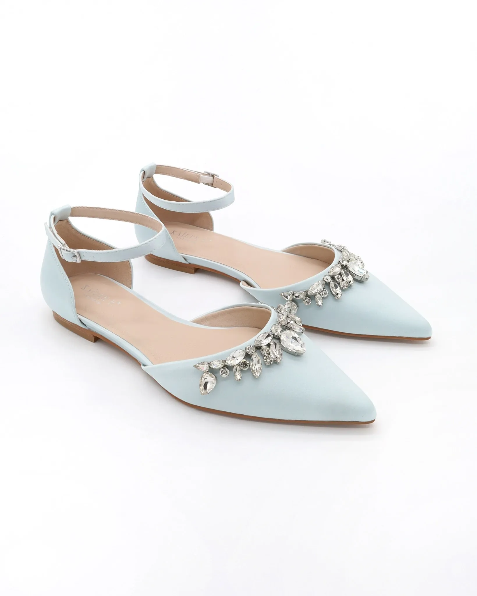 Satin Pointy Toe Flats with Teardrop Rhinestones Embellishments