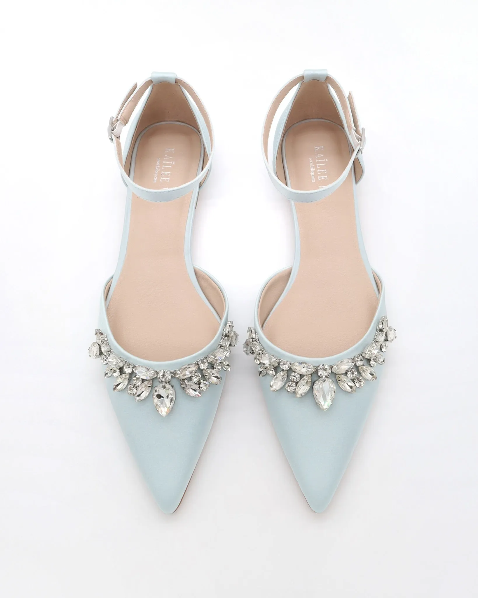 Satin Pointy Toe Flats with Teardrop Rhinestones Embellishments