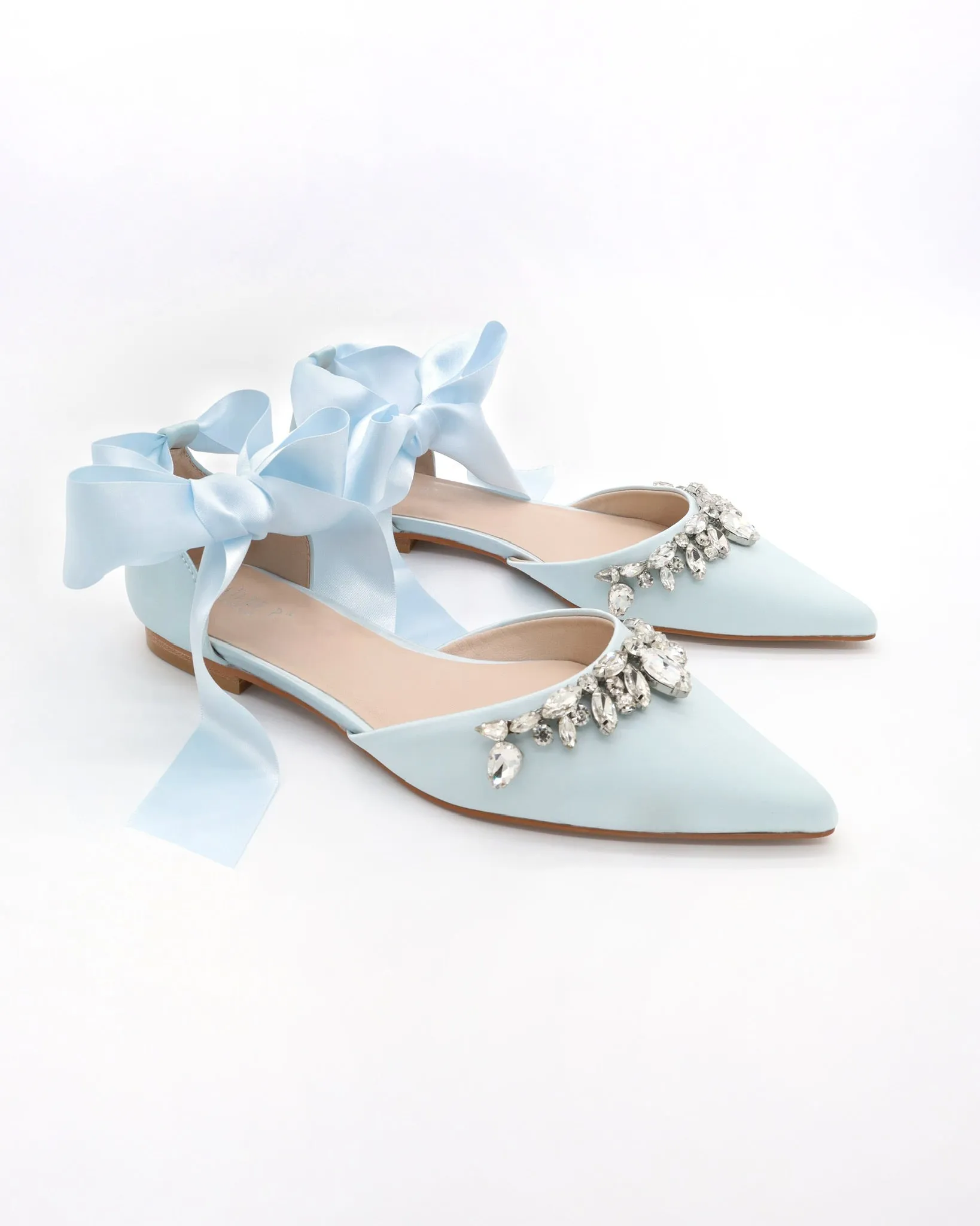 Satin Pointy Toe Flats with Teardrop Rhinestones Embellishments