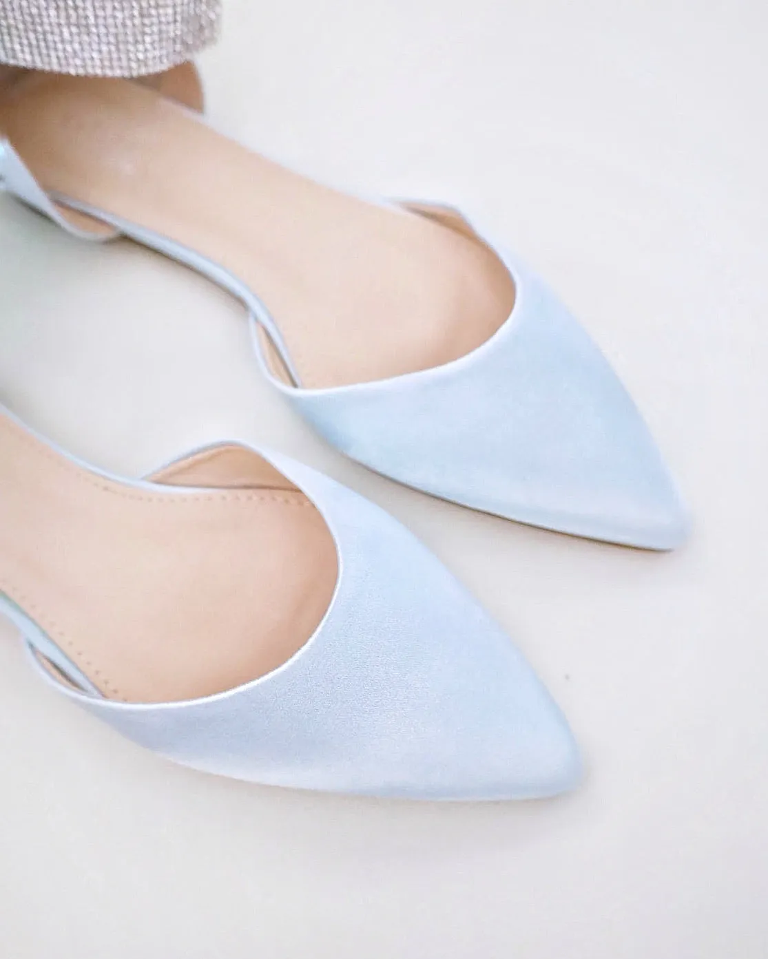 Satin Pointy Toe Wedding Flats with Rhinestones Strap