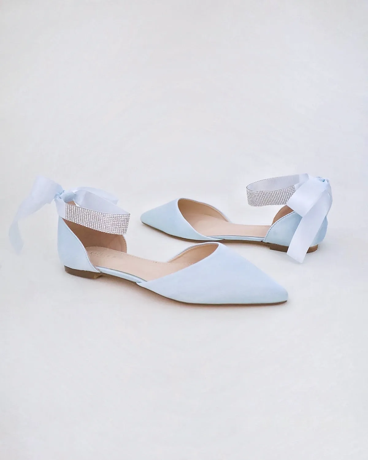 Satin Pointy Toe Wedding Flats with Rhinestones Strap