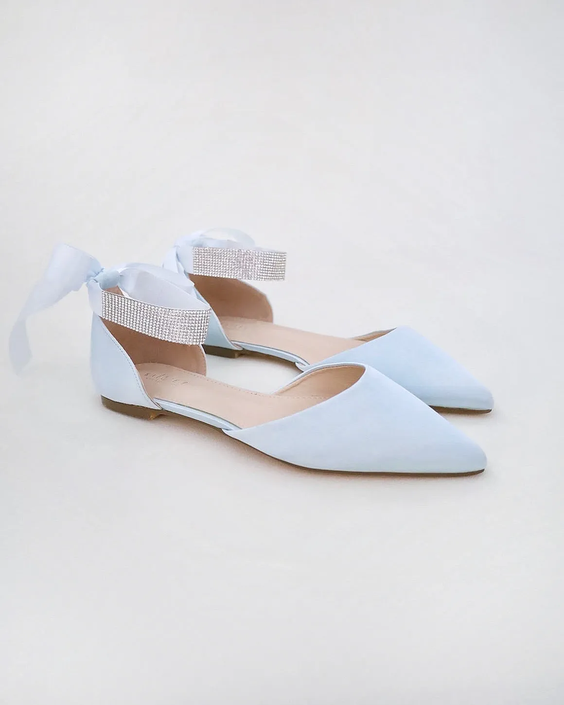 Satin Pointy Toe Wedding Flats with Rhinestones Strap