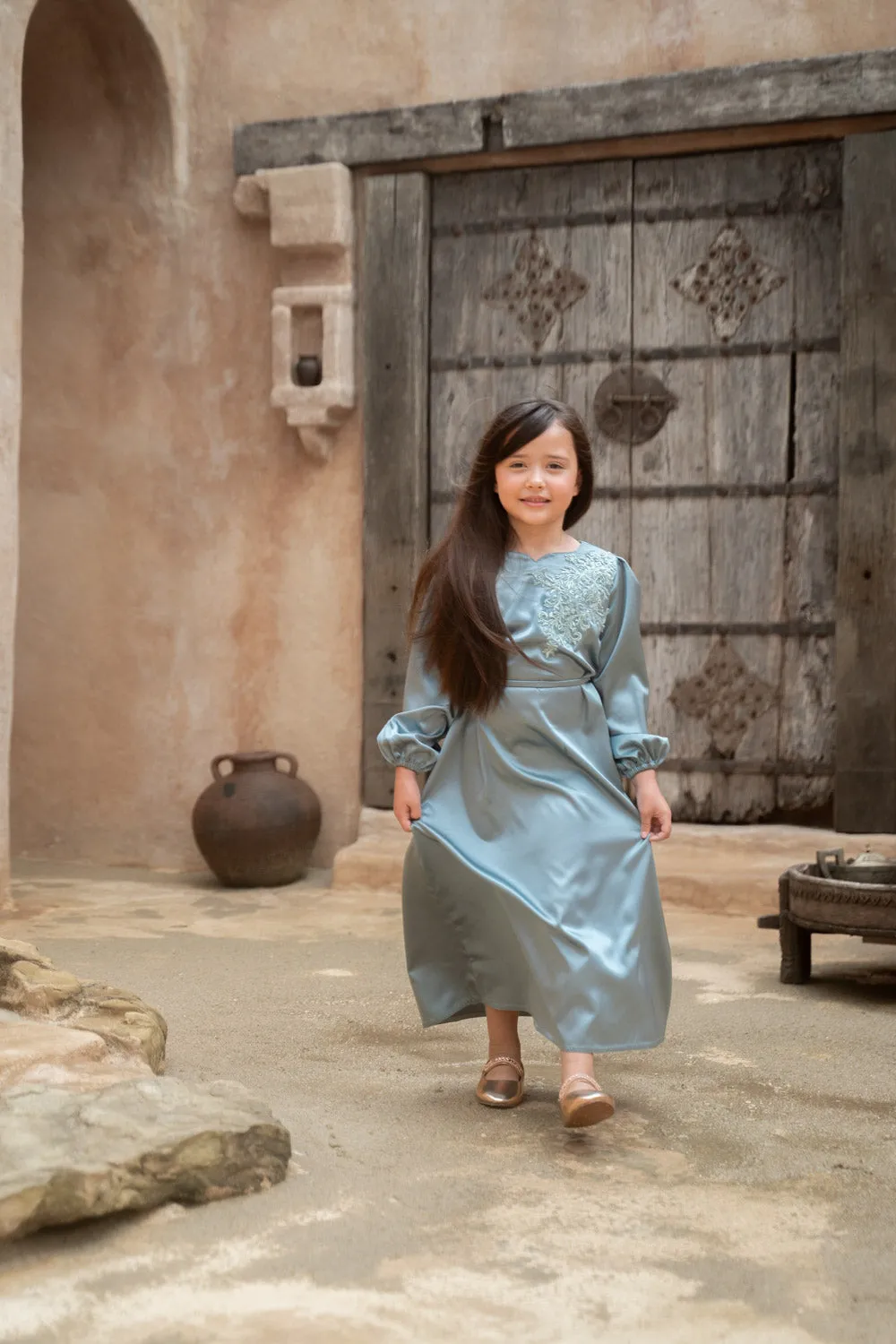 Satin Serenity Blue Kids Abaya