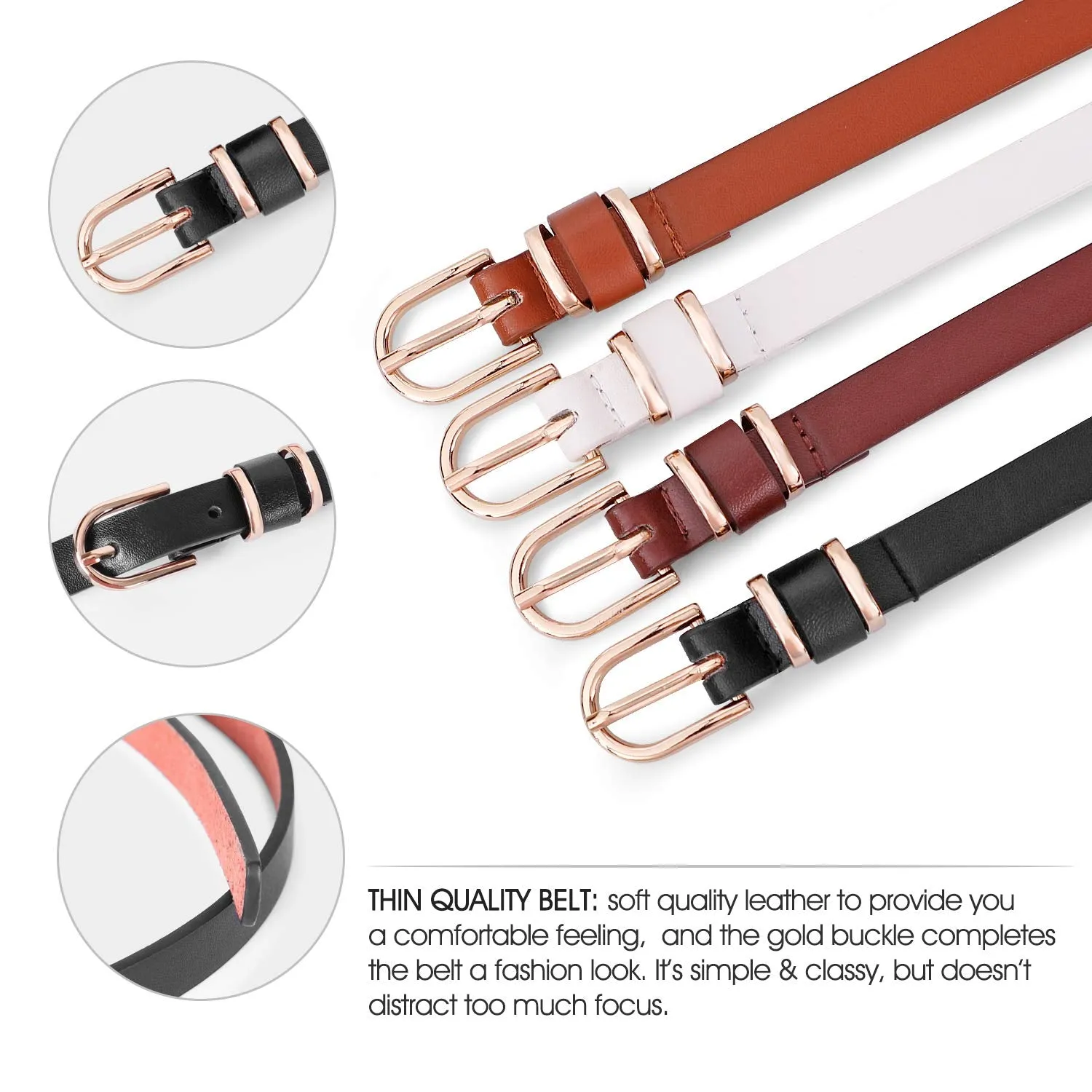 Set of 4 Womens Thin Belts SANSTHS Skinny Leather Belt with Gold Alloy Buckle