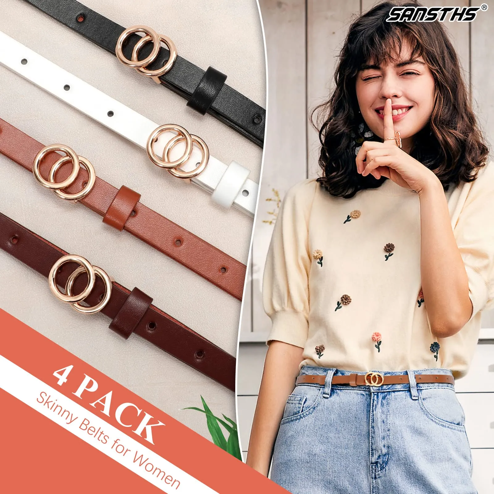 Set of 4 Womens Thin Belts SANSTHS Skinny Leather Belt with Gold Alloy Buckle