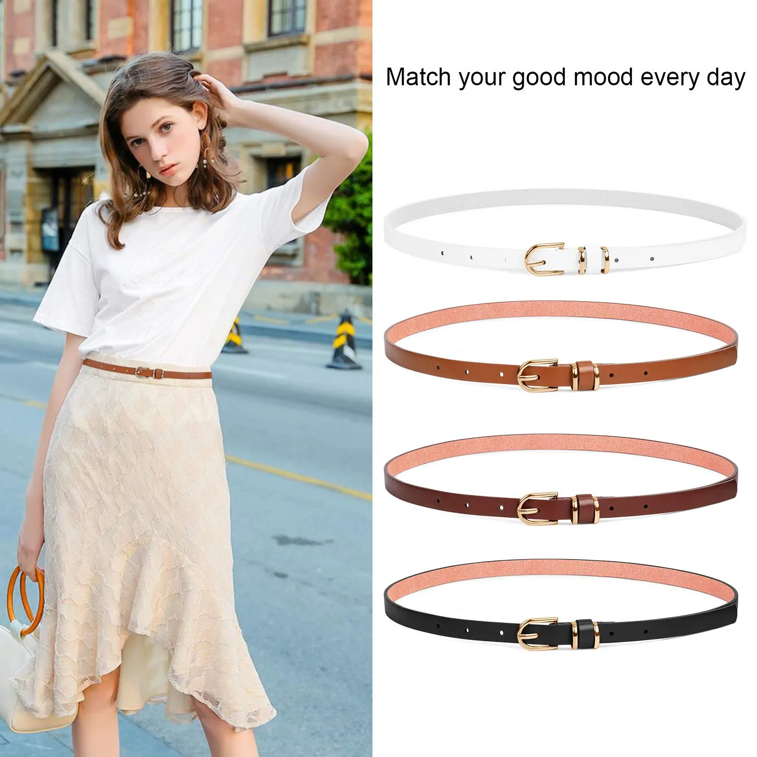 Set of 4 Womens Thin Belts SANSTHS Skinny Leather Belt with Gold Alloy Buckle