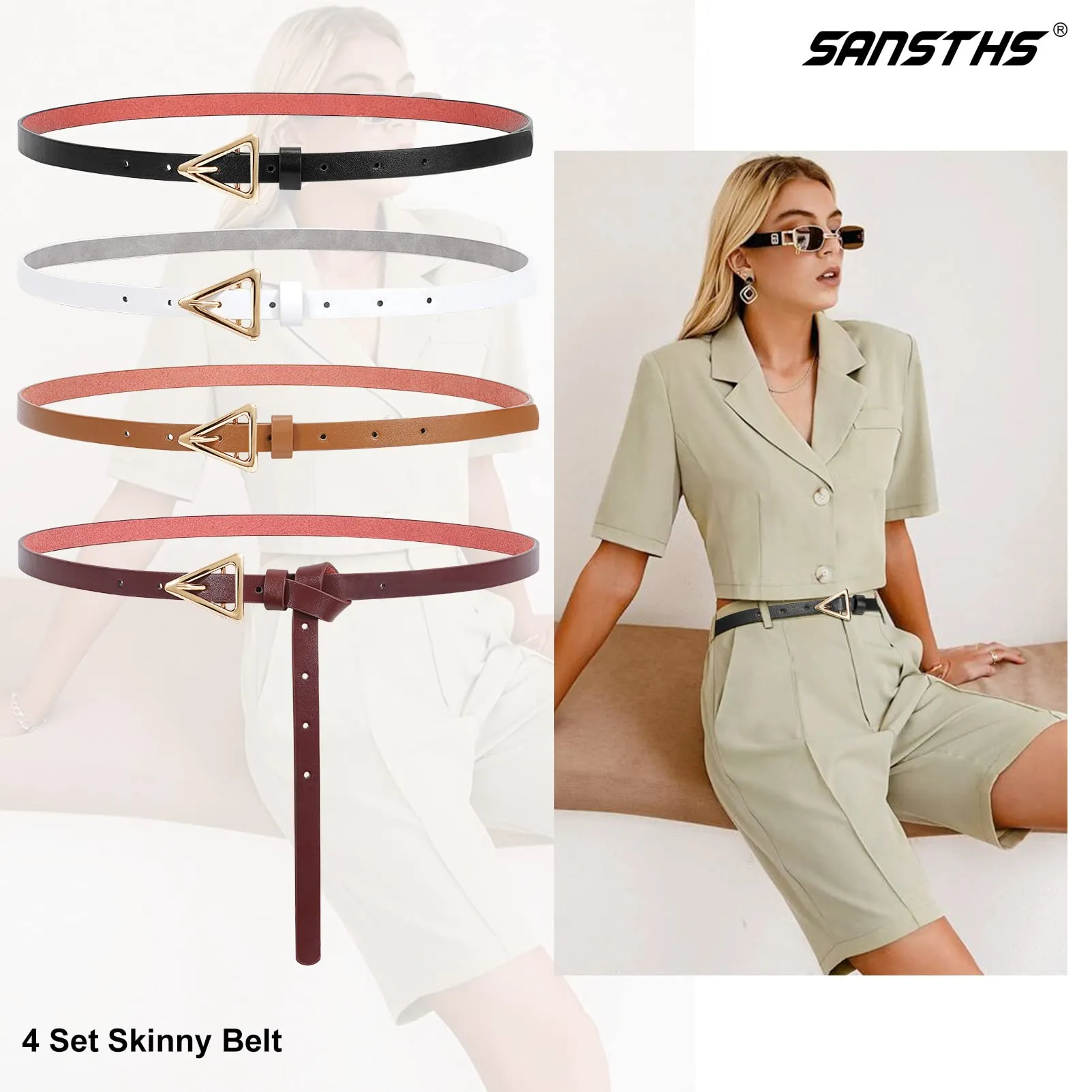 Set of 4 Womens Thin Belts SANSTHS Skinny Leather Belt with Gold Alloy Buckle