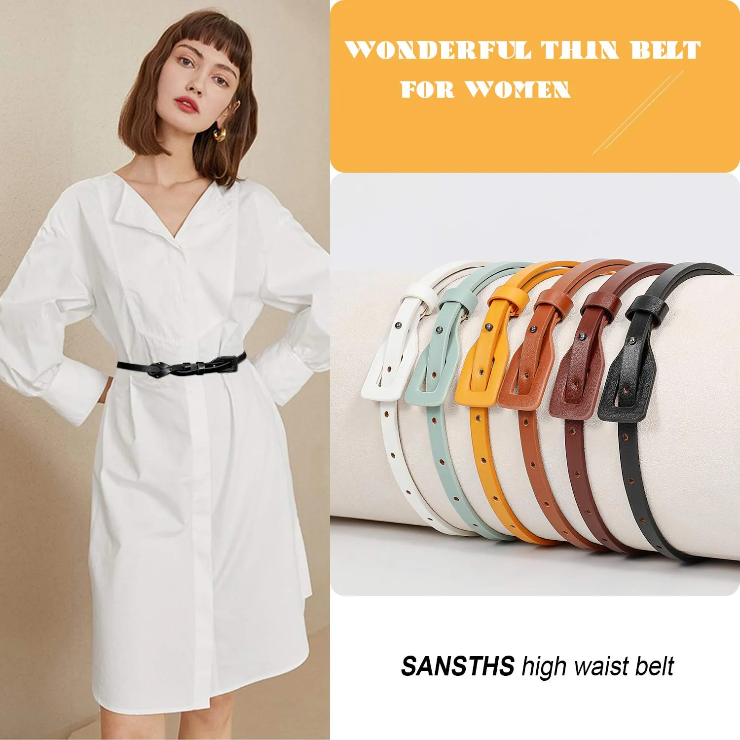 Set of 4 Womens Thin Belts SANSTHS Skinny Leather Belt with Gold Alloy Buckle
