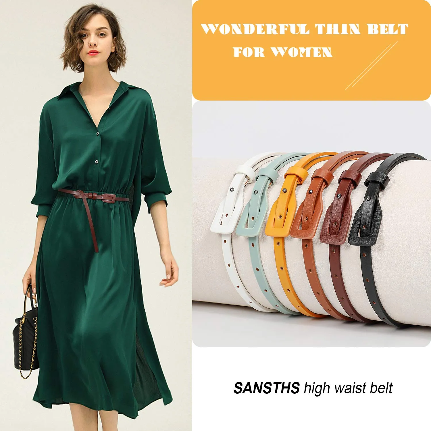 Set of 4 Womens Thin Belts SANSTHS Skinny Leather Belt with Gold Alloy Buckle