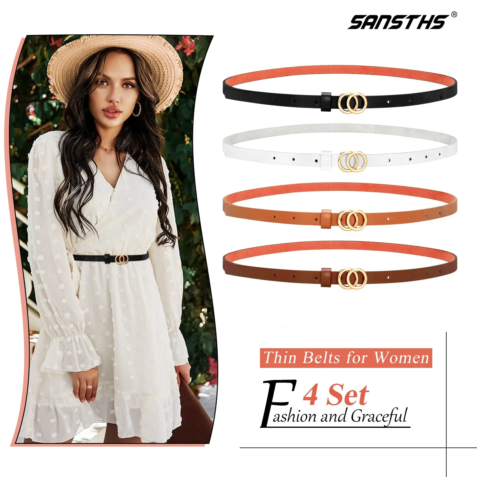 Set of 4 Womens Thin Belts SANSTHS Skinny Leather Belt with Gold Alloy Buckle