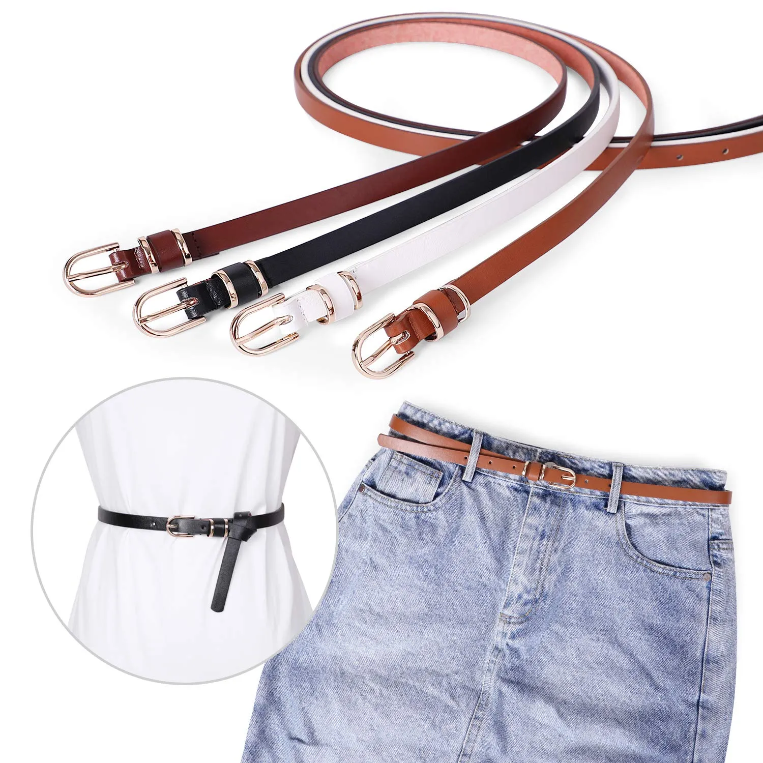 Set of 4 Womens Thin Belts SANSTHS Skinny Leather Belt with Gold Alloy Buckle