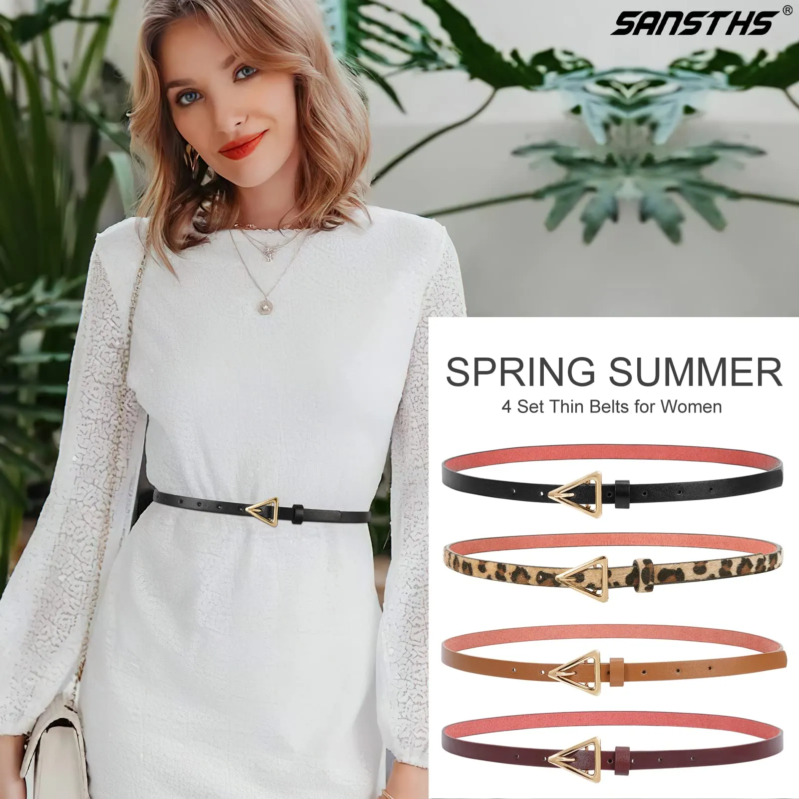 Set of 4 Womens Thin Belts SANSTHS Skinny Leather Belt with Gold Alloy Buckle