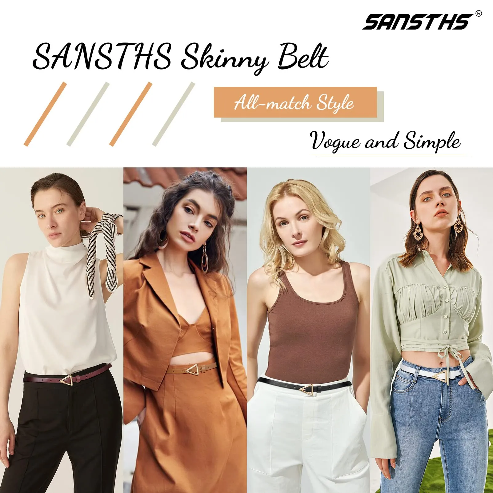 Set of 4 Womens Thin Belts SANSTHS Skinny Leather Belt with Gold Alloy Buckle