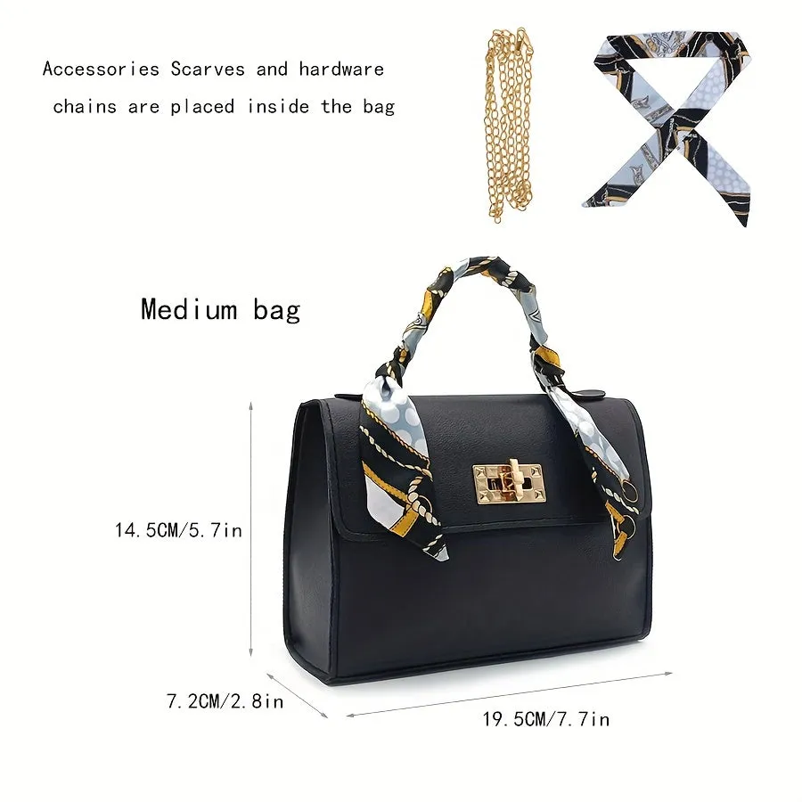 Silk Scarf Decor Trendy Flap Handbag, Mini Women's Faux Leather Chain Crossbody Bag, Stylish Top Handle Purse