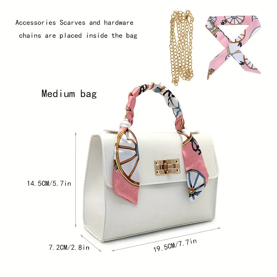 Silk Scarf Decor Trendy Flap Handbag, Mini Women's Faux Leather Chain Crossbody Bag, Stylish Top Handle Purse