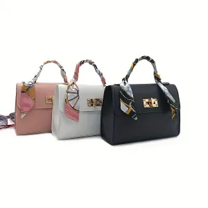 Silk Scarf Decor Trendy Flap Handbag, Mini Women's Faux Leather Chain Crossbody Bag, Stylish Top Handle Purse