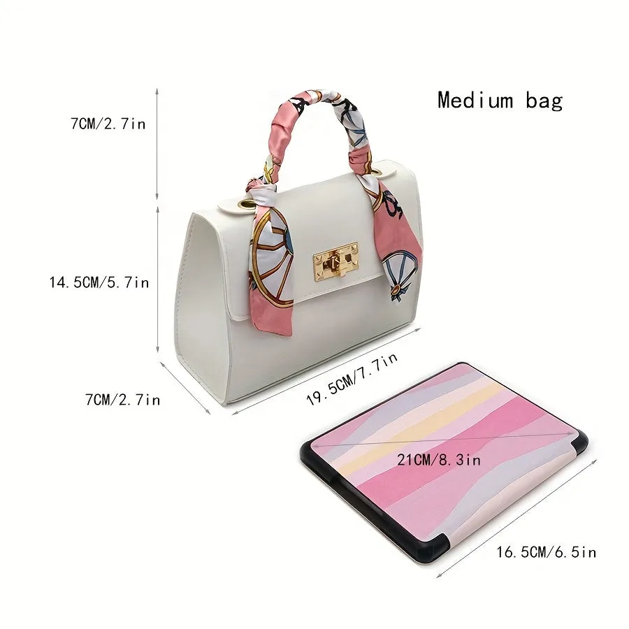 Silk Scarf Decor Trendy Flap Handbag, Mini Women's Faux Leather Chain Crossbody Bag, Stylish Top Handle Purse