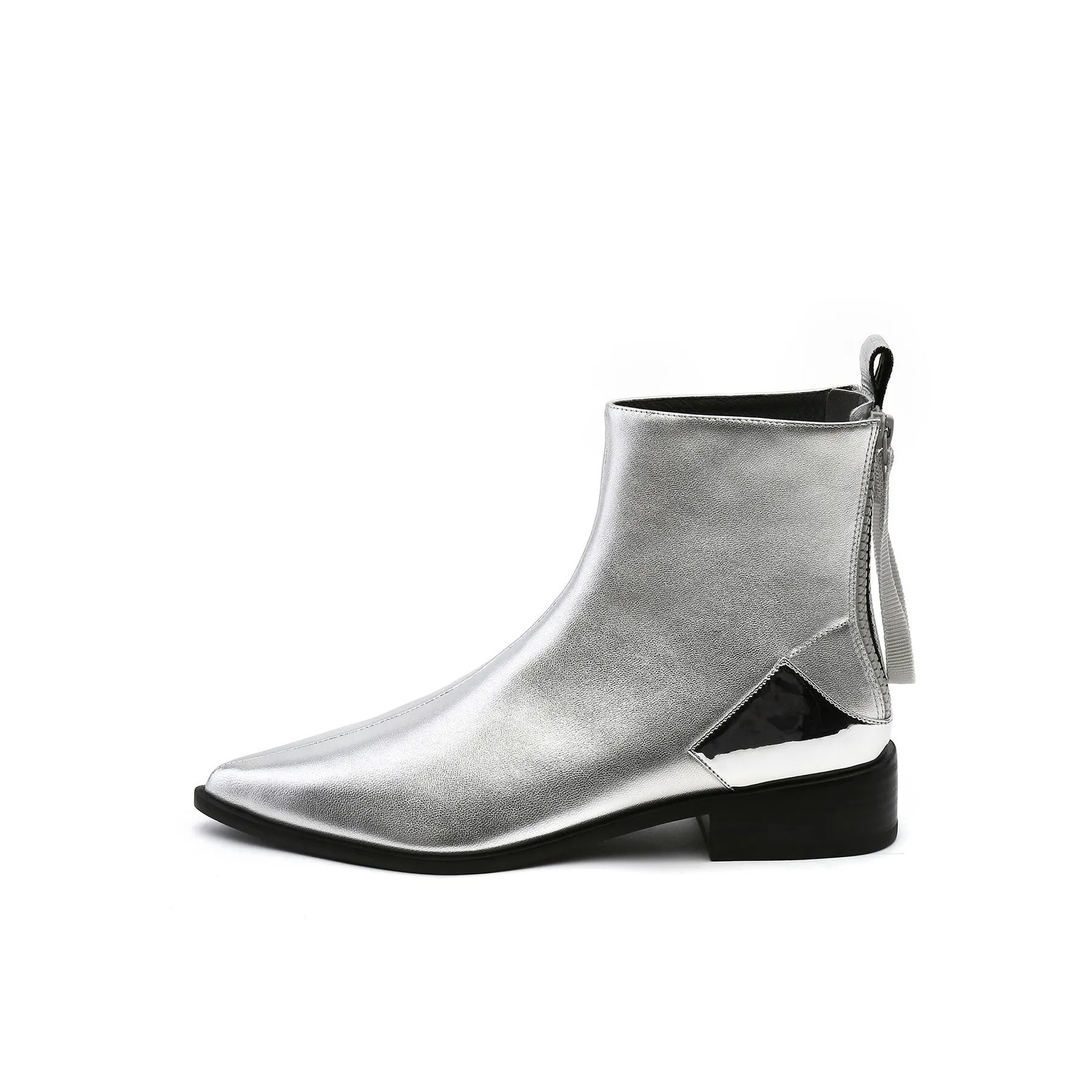 Silver Back-Zip Leather Ankle Boot