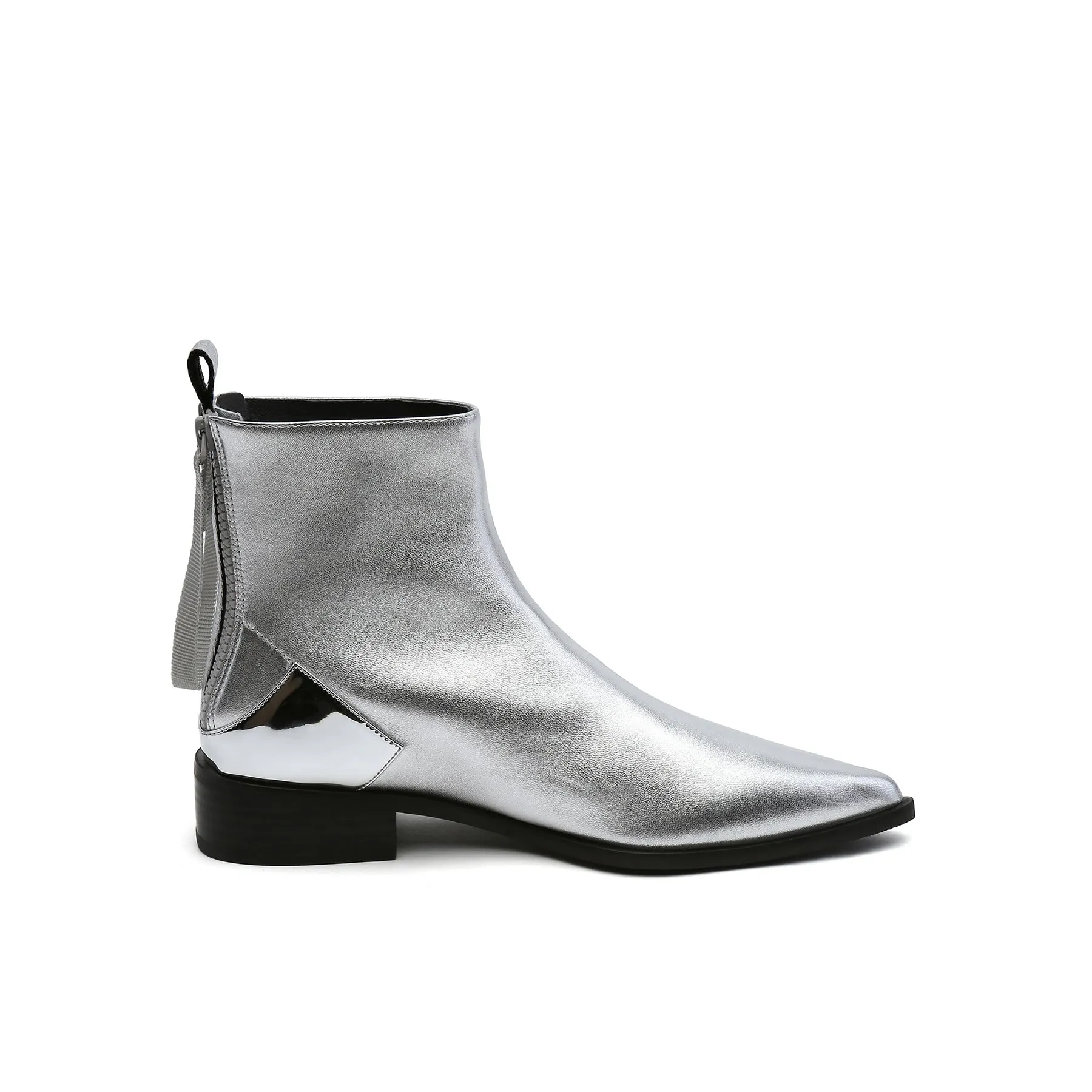 Silver Back-Zip Leather Ankle Boot