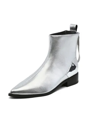 Silver Back-Zip Leather Ankle Boot