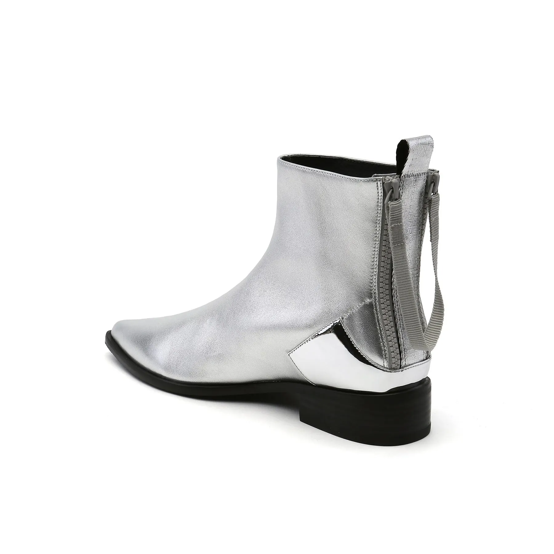 Silver Back-Zip Leather Ankle Boot