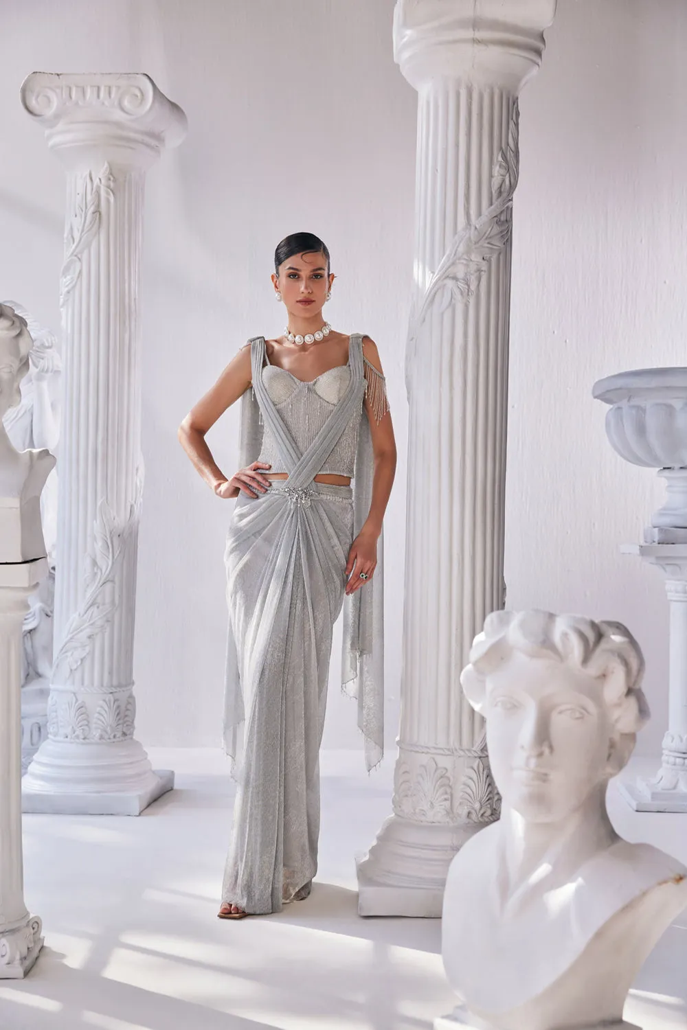 Silver Draped Saree Made With Crinkle Fabric Featuring A Corset Along With A Detailed Belt.