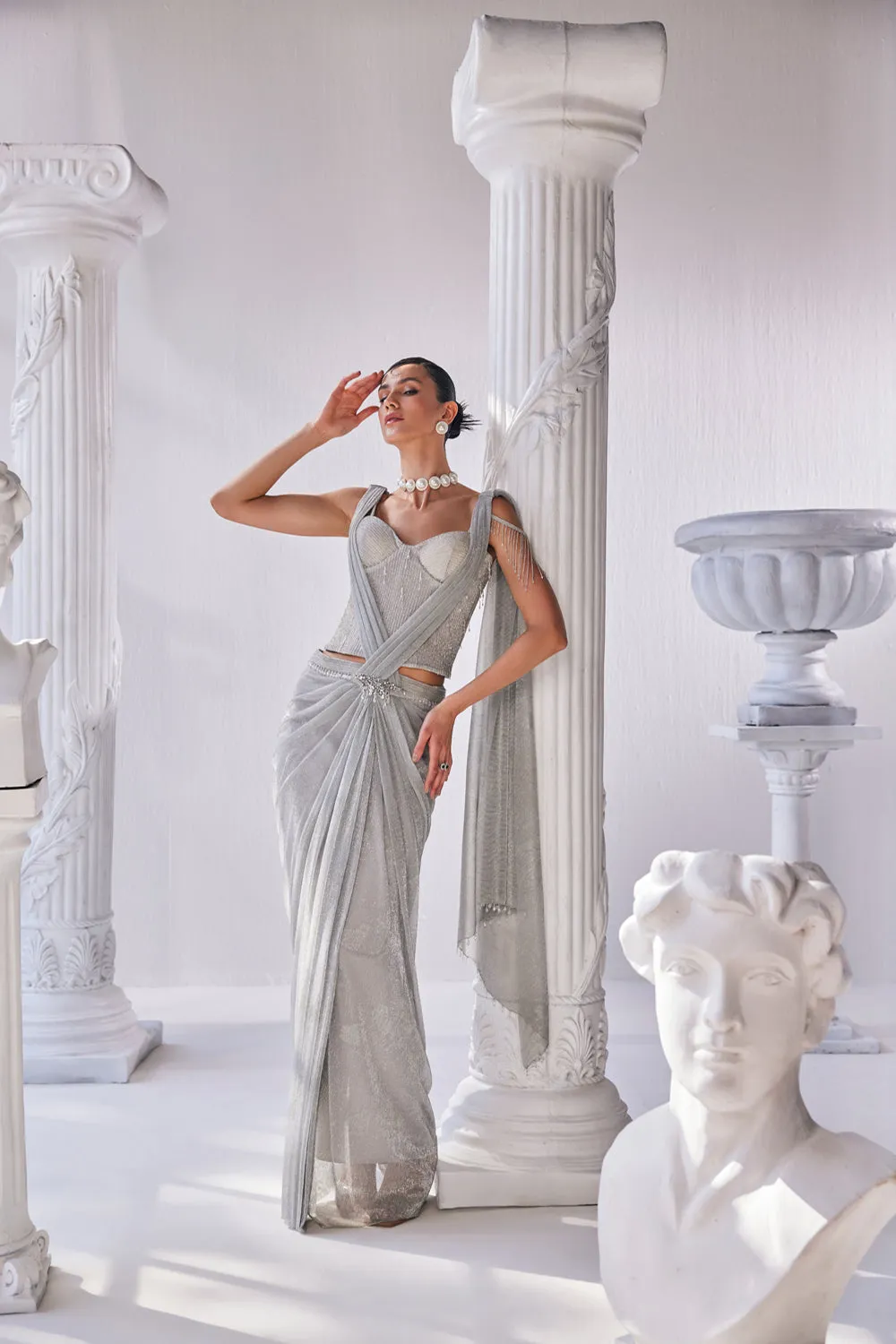 Silver Draped Saree Made With Crinkle Fabric Featuring A Corset Along With A Detailed Belt.