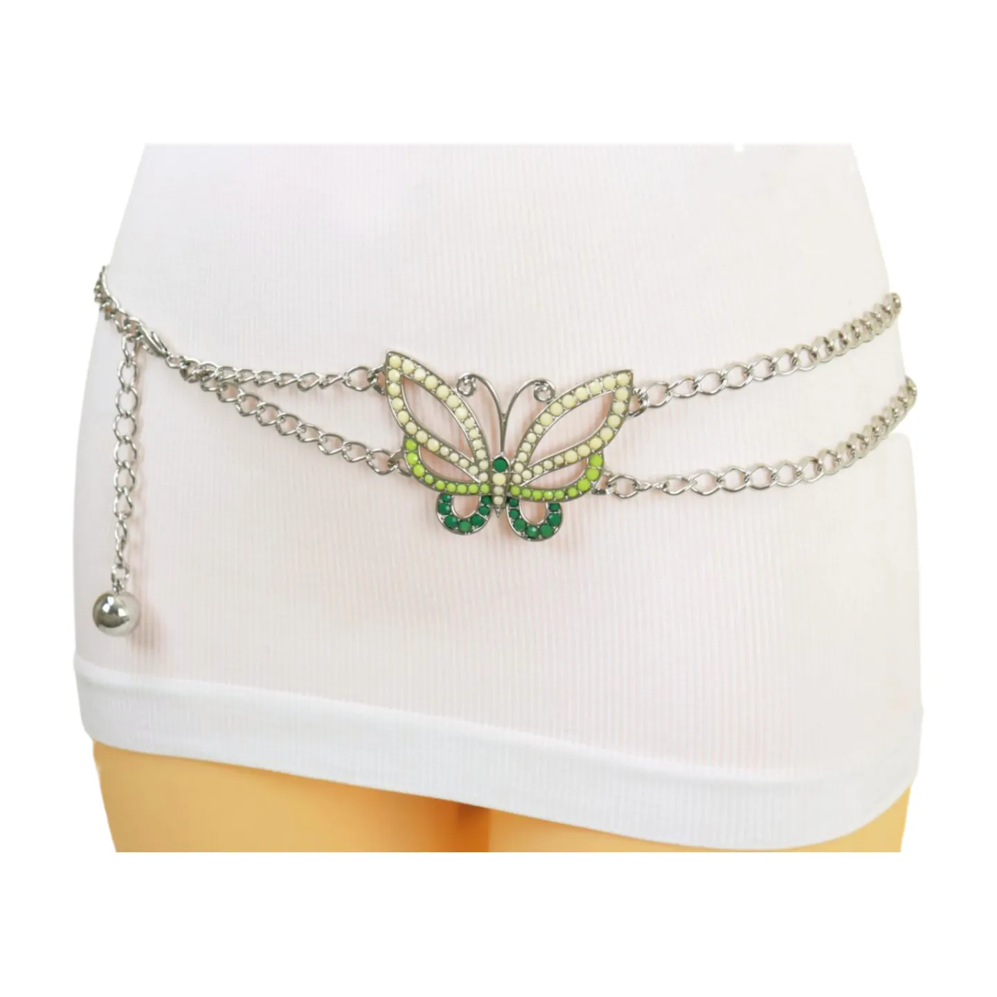 Silver Metal Chain Links Skinny Belt Hip Waist Green Butterfly Charm S M L