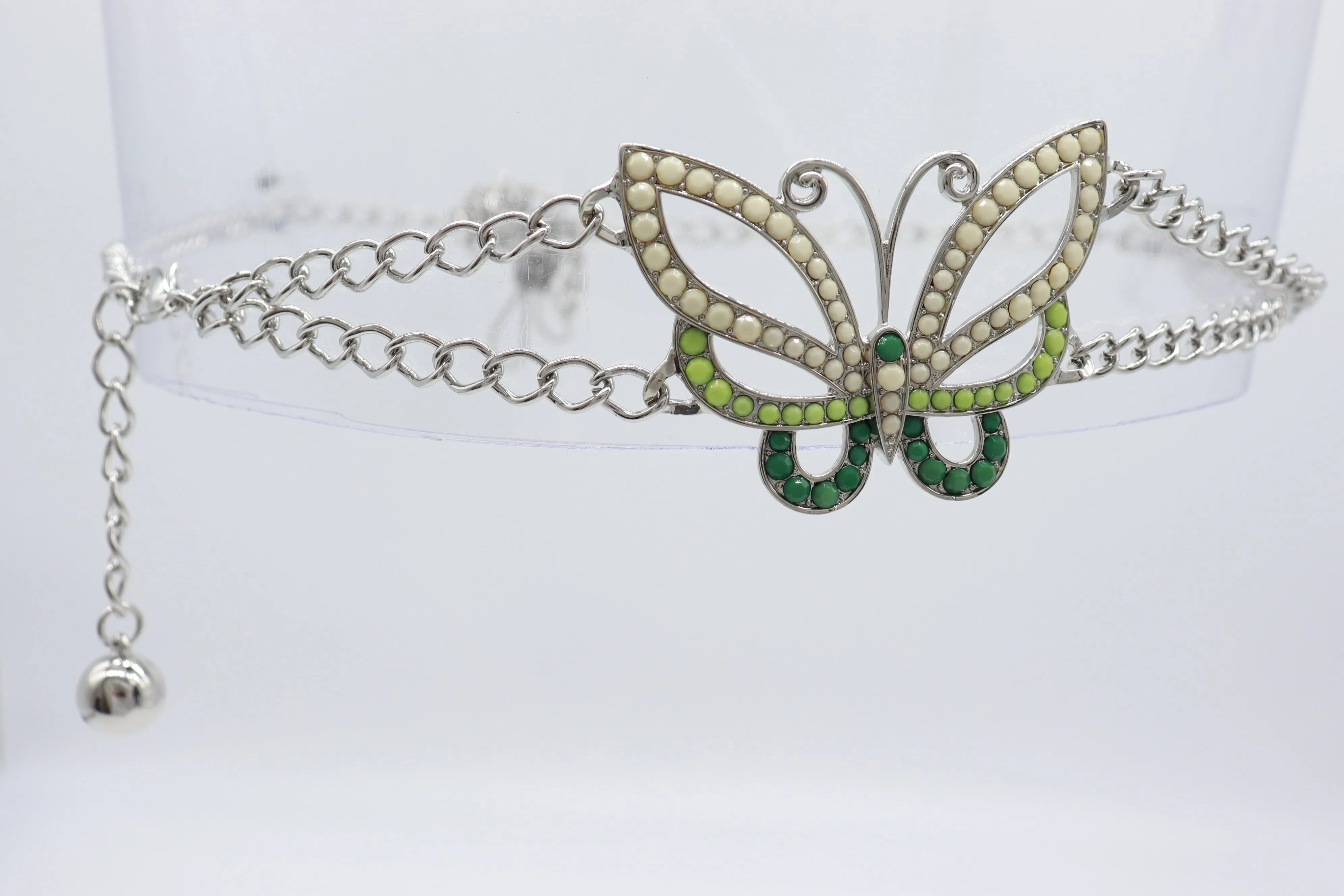 Silver Metal Chain Links Skinny Belt Hip Waist Green Butterfly Charm S M L