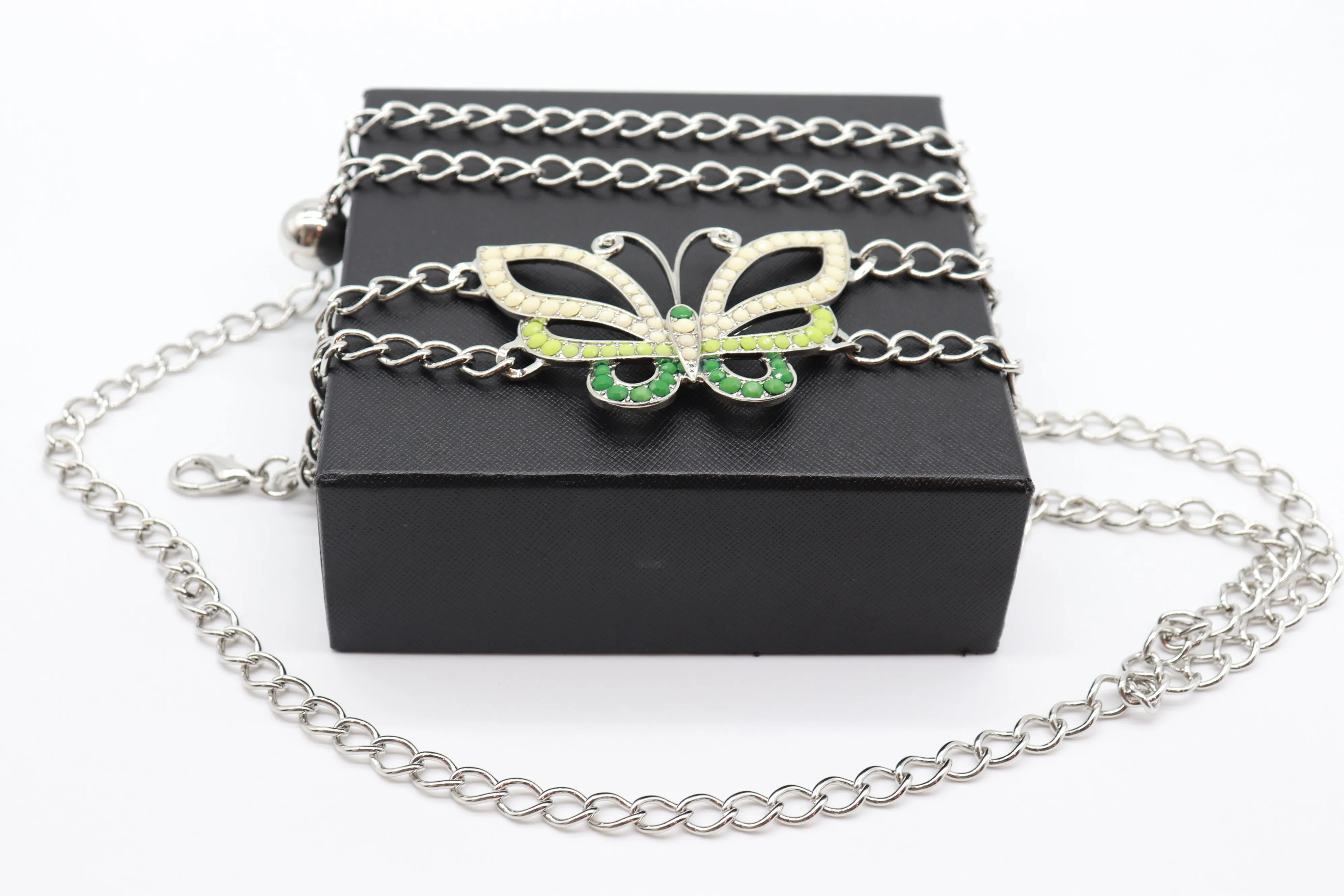 Silver Metal Chain Links Skinny Belt Hip Waist Green Butterfly Charm S M L