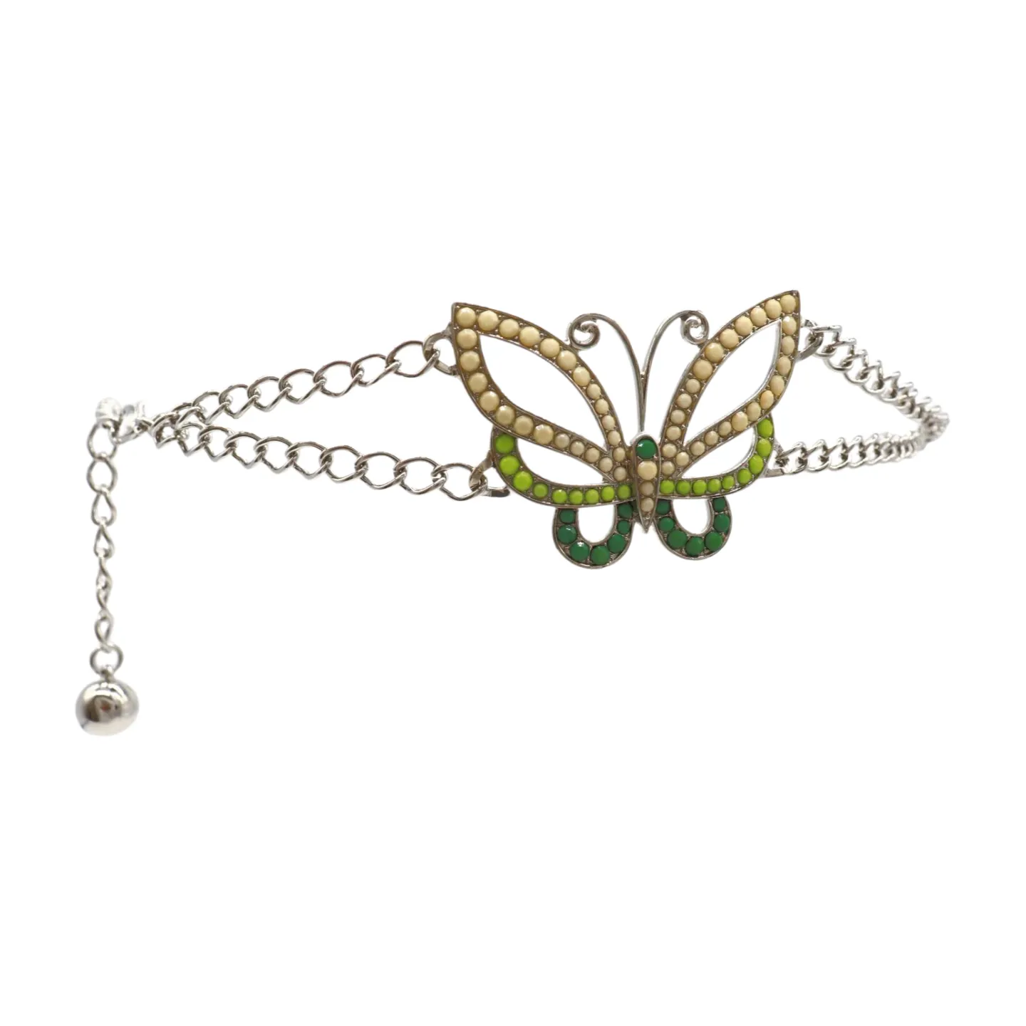 Silver Metal Chain Links Skinny Belt Hip Waist Green Butterfly Charm S M L