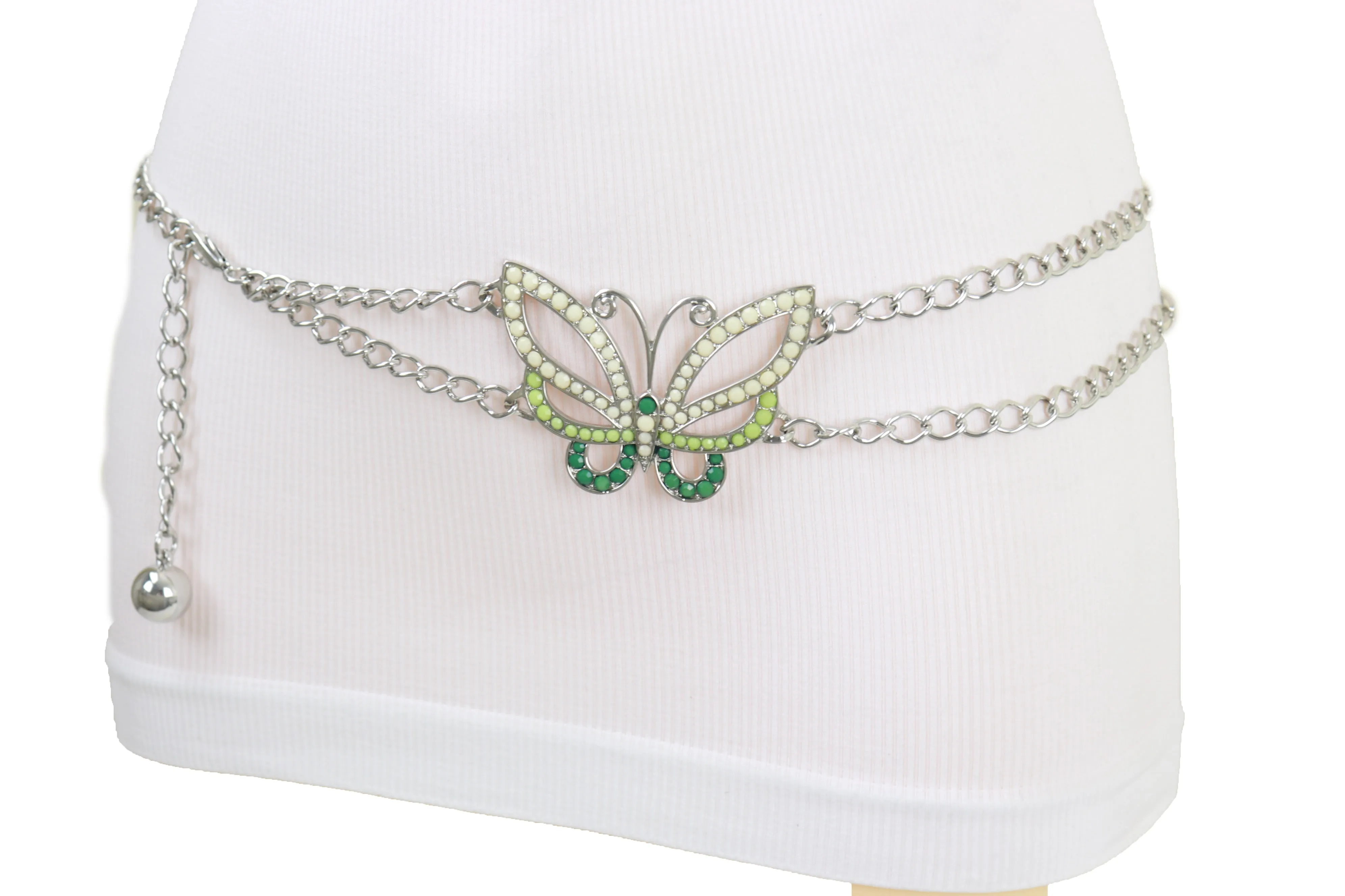 Silver Metal Chain Links Skinny Belt Hip Waist Green Butterfly Charm S M L