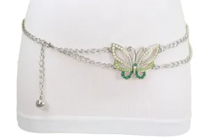 Silver Metal Chain Links Skinny Belt Hip Waist Green Butterfly Charm S M L