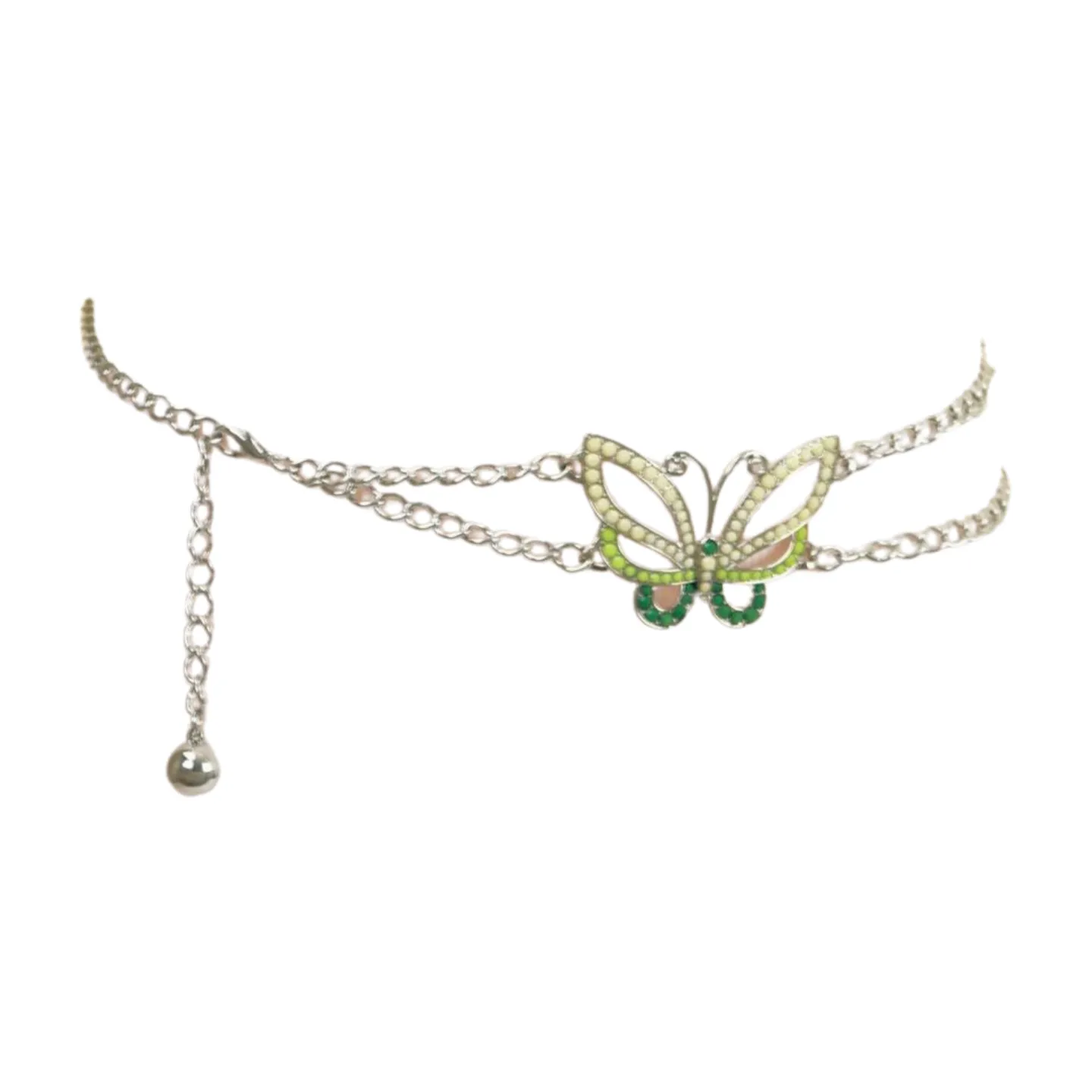 Silver Metal Chain Links Skinny Belt Hip Waist Green Butterfly Charm S M L