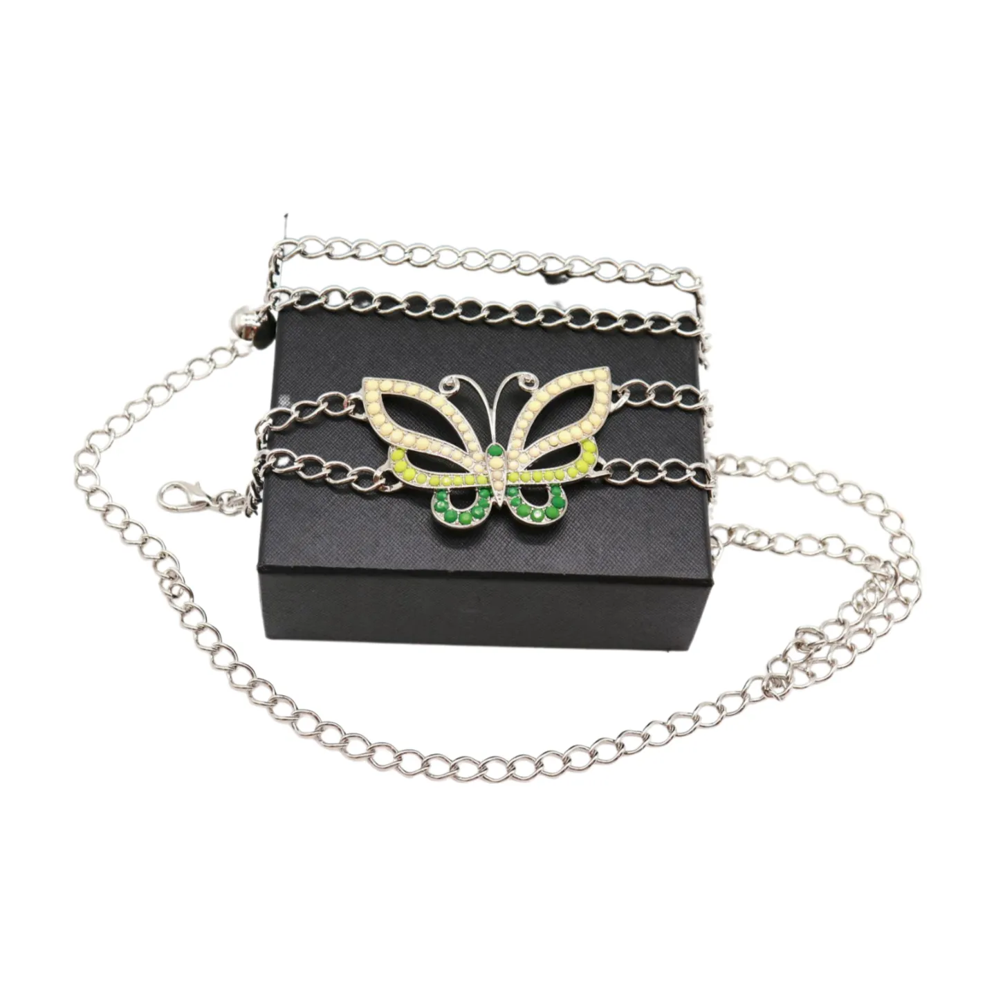 Silver Metal Chain Links Skinny Belt Hip Waist Green Butterfly Charm S M L