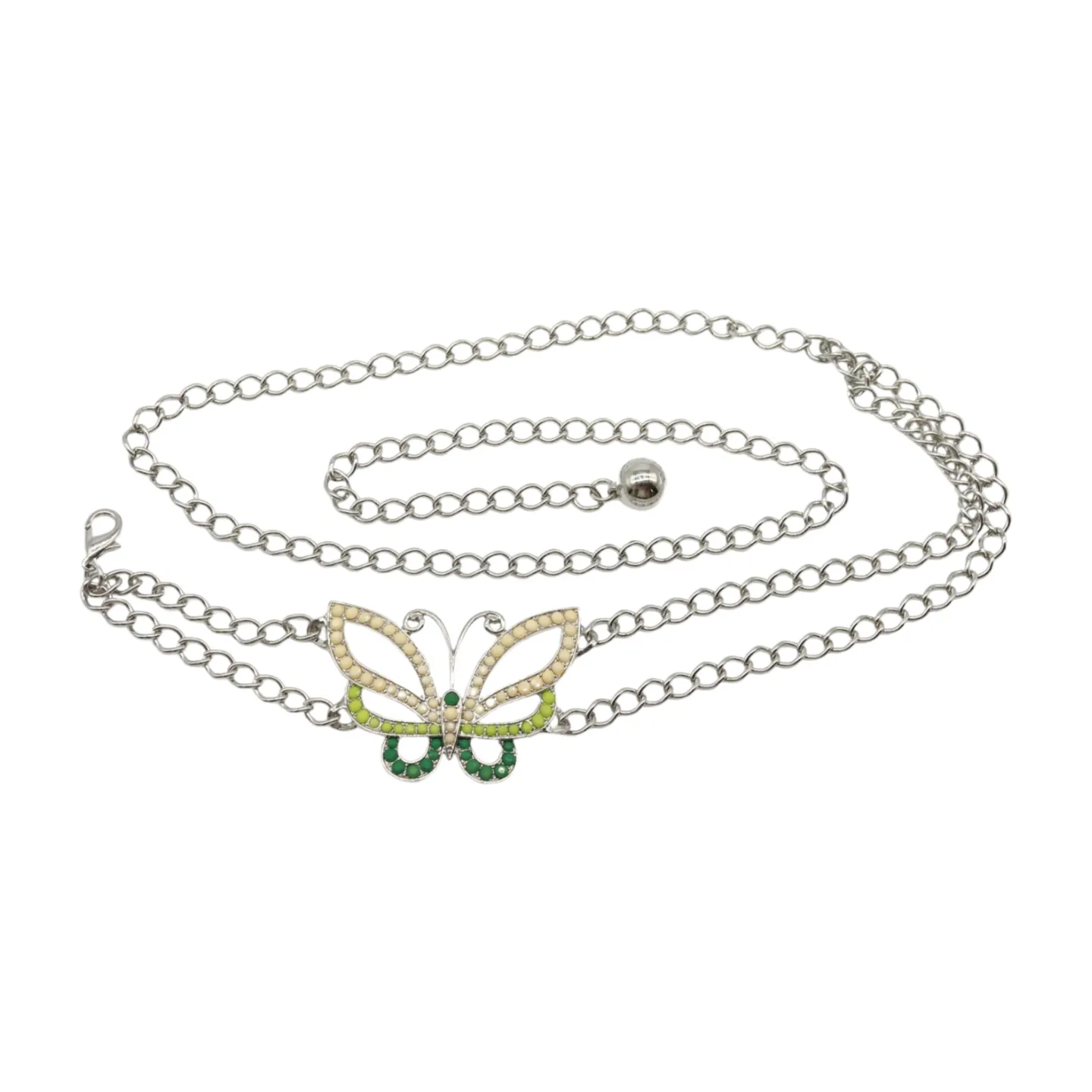 Silver Metal Chain Links Skinny Belt Hip Waist Green Butterfly Charm S M L