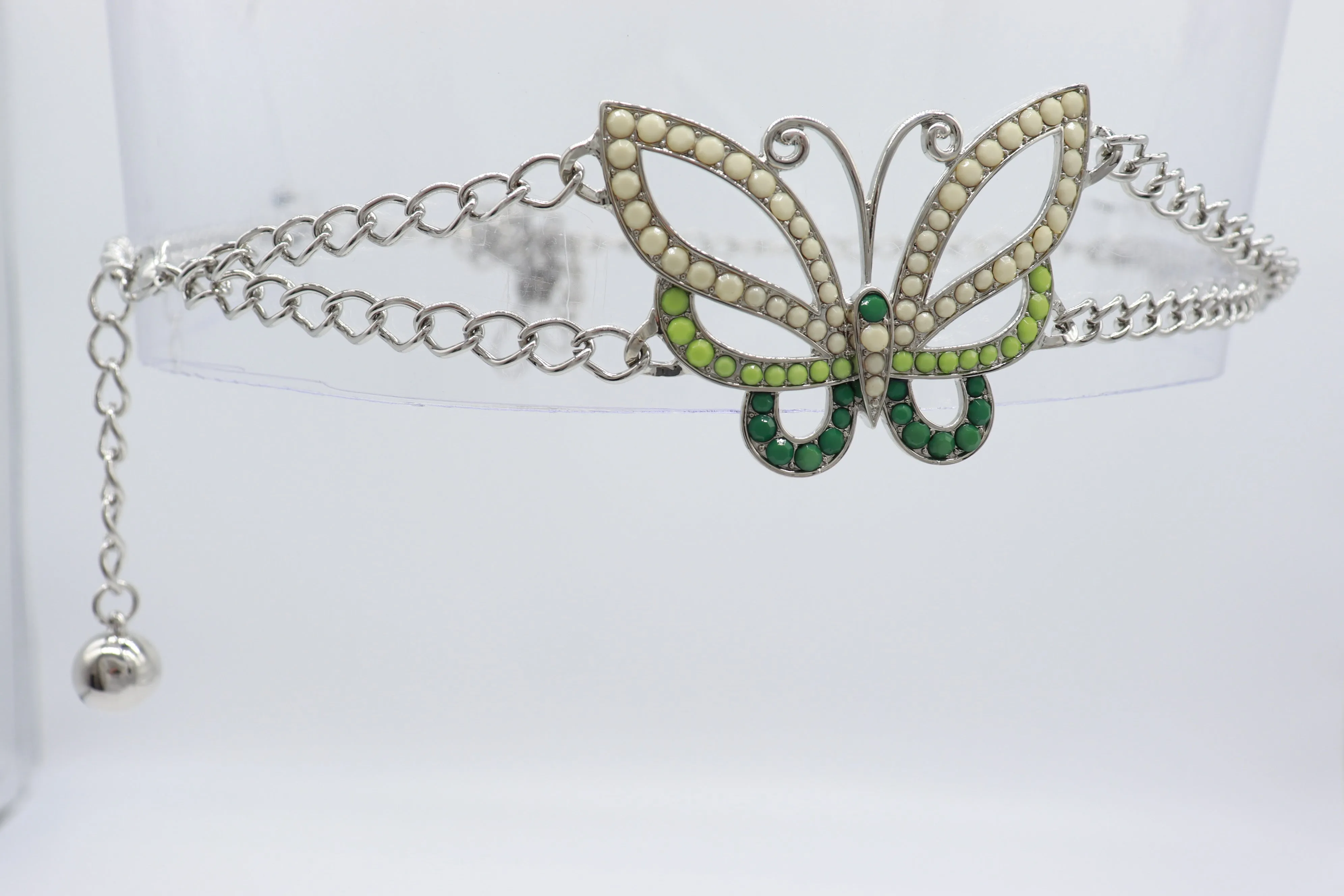 Silver Metal Chain Links Skinny Belt Hip Waist Green Butterfly Charm S M L