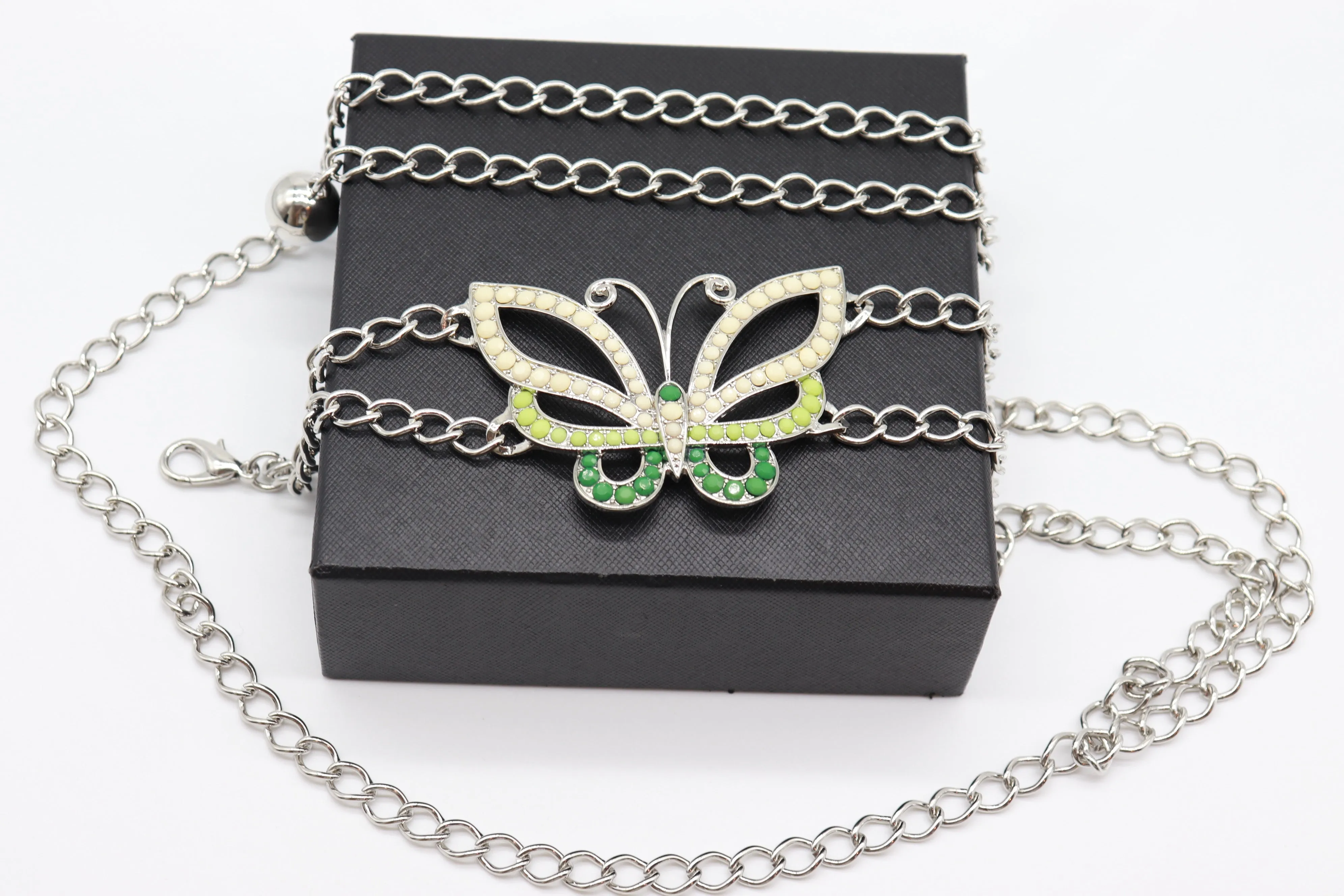 Silver Metal Chain Links Skinny Belt Hip Waist Green Butterfly Charm S M L