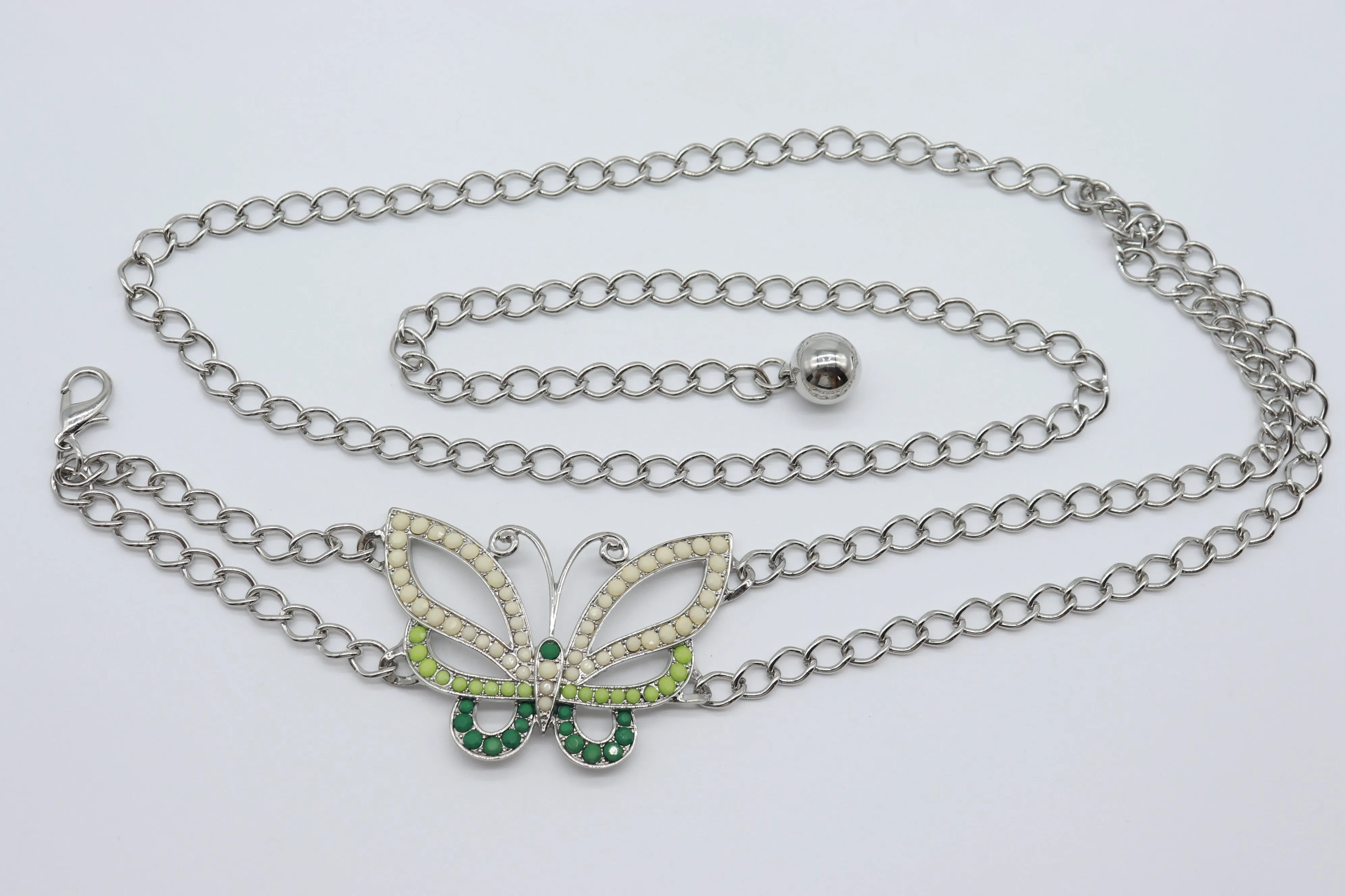 Silver Metal Chain Links Skinny Belt Hip Waist Green Butterfly Charm S M L