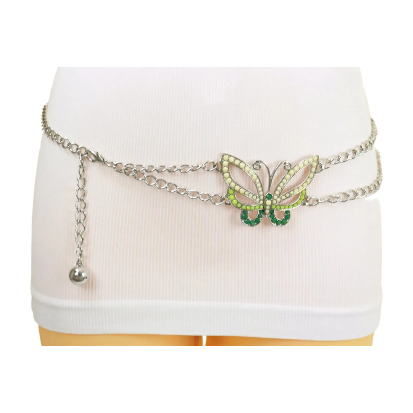 Silver Metal Chain Links Skinny Belt Hip Waist Green Butterfly Charm S M L