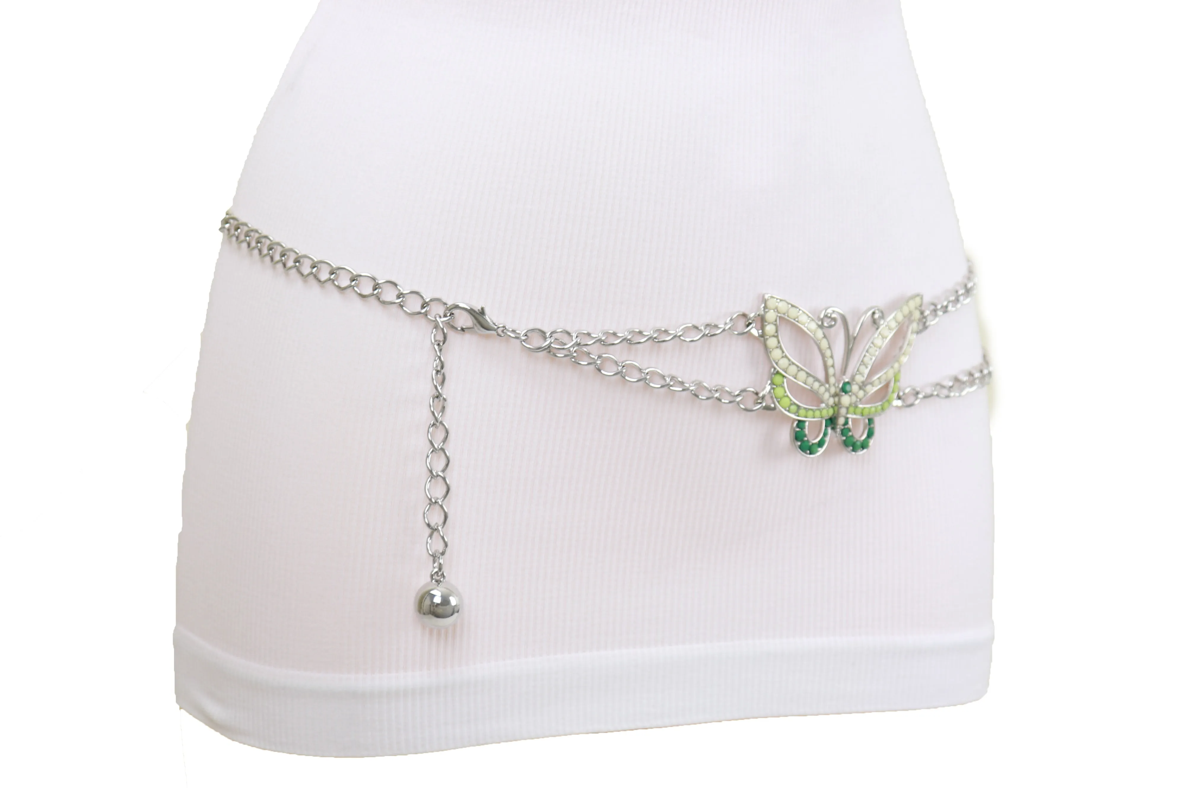 Silver Metal Chain Links Skinny Belt Hip Waist Green Butterfly Charm S M L
