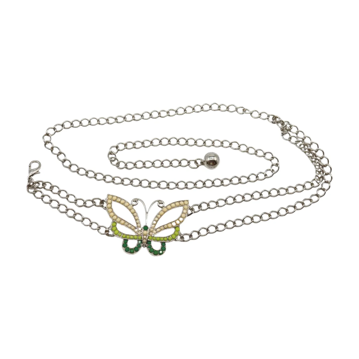 Silver Metal Chain Links Skinny Belt Hip Waist Green Butterfly Charm S M L