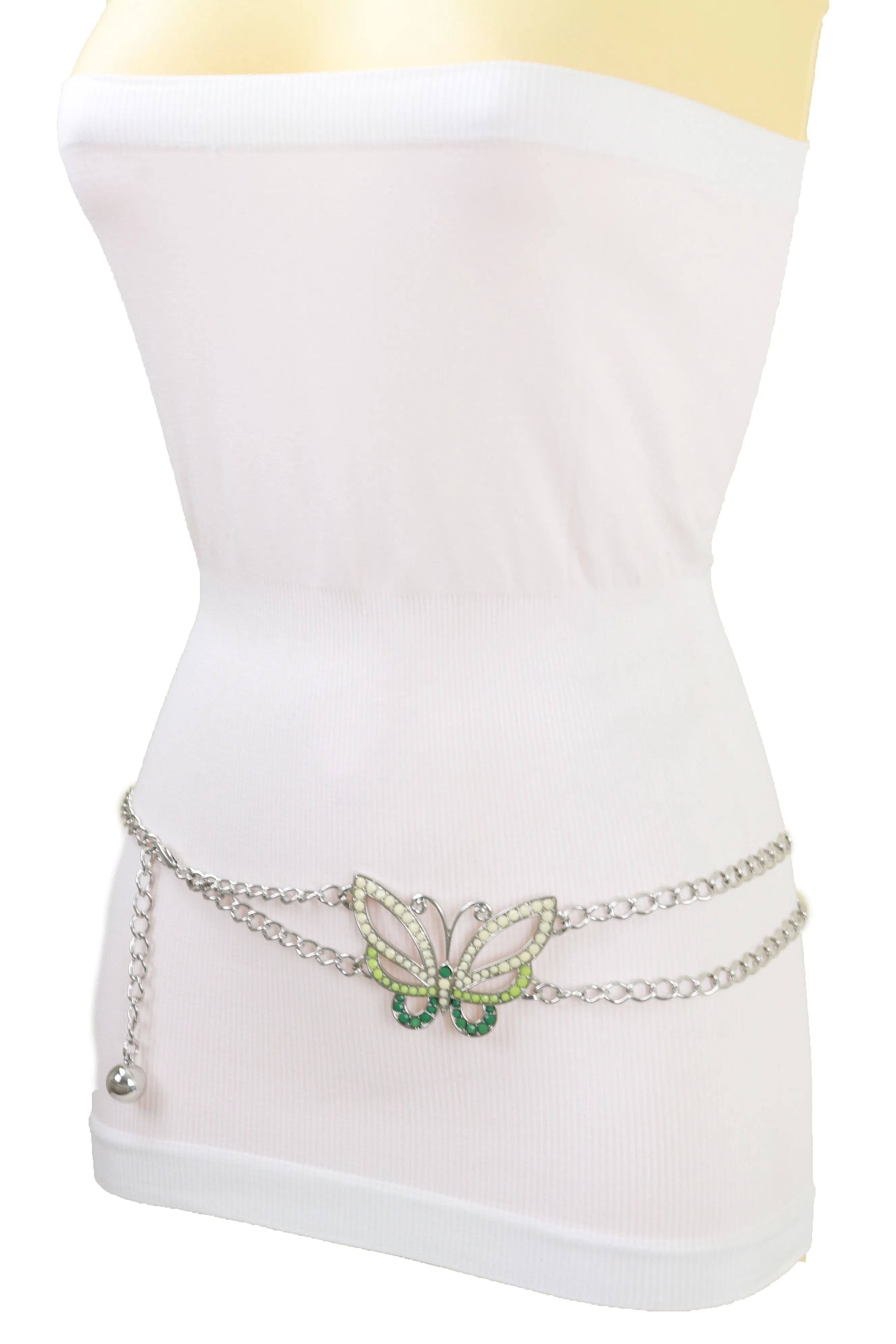 Silver Metal Chain Links Skinny Belt Hip Waist Green Butterfly Charm S M L