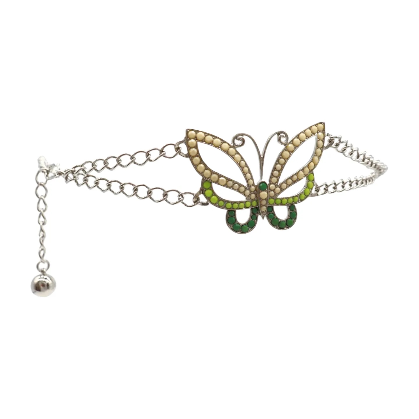 Silver Metal Chain Links Skinny Belt Hip Waist Green Butterfly Charm S M L