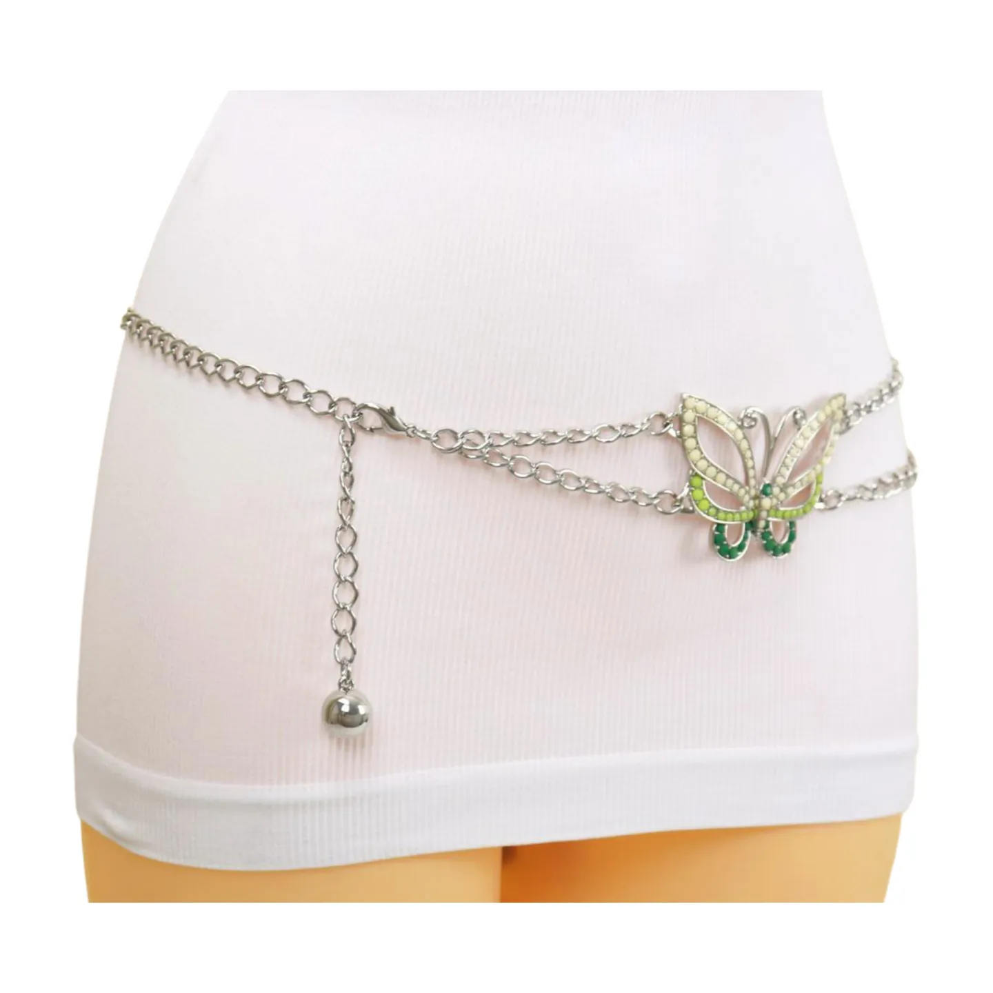 Silver Metal Chain Links Skinny Belt Hip Waist Green Butterfly Charm S M L