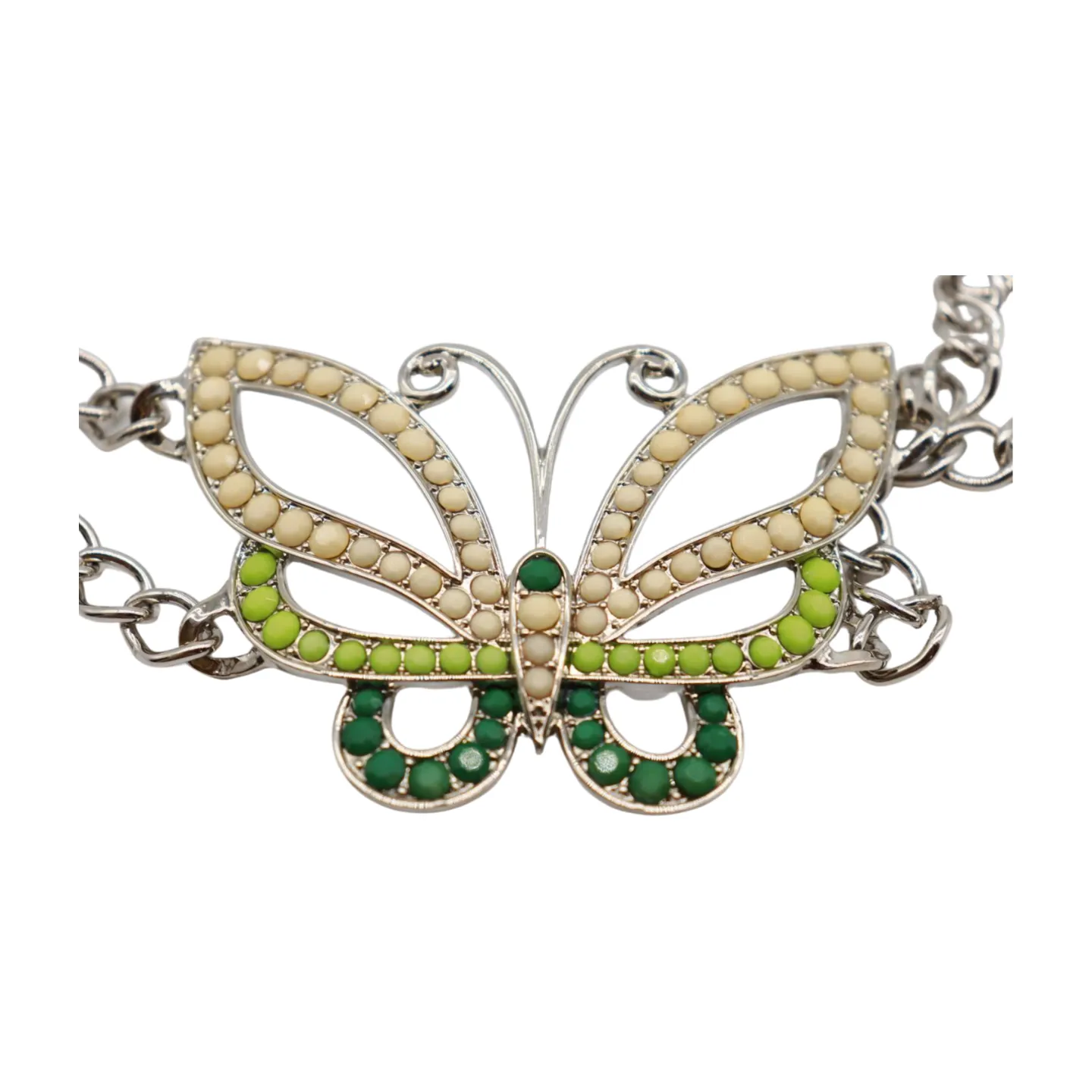 Silver Metal Chain Links Skinny Belt Hip Waist Green Butterfly Charm S M L