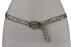 Silver Metal Chain Narrow Hip High Waist Dressy Flirty Belt Women Fahsion S M