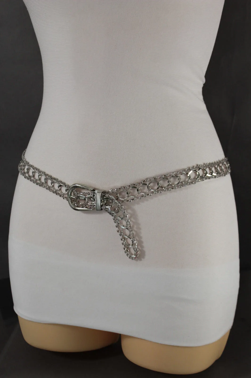 Silver Metal Chain Narrow Hip High Waist Dressy Flirty Belt Women Fahsion S M