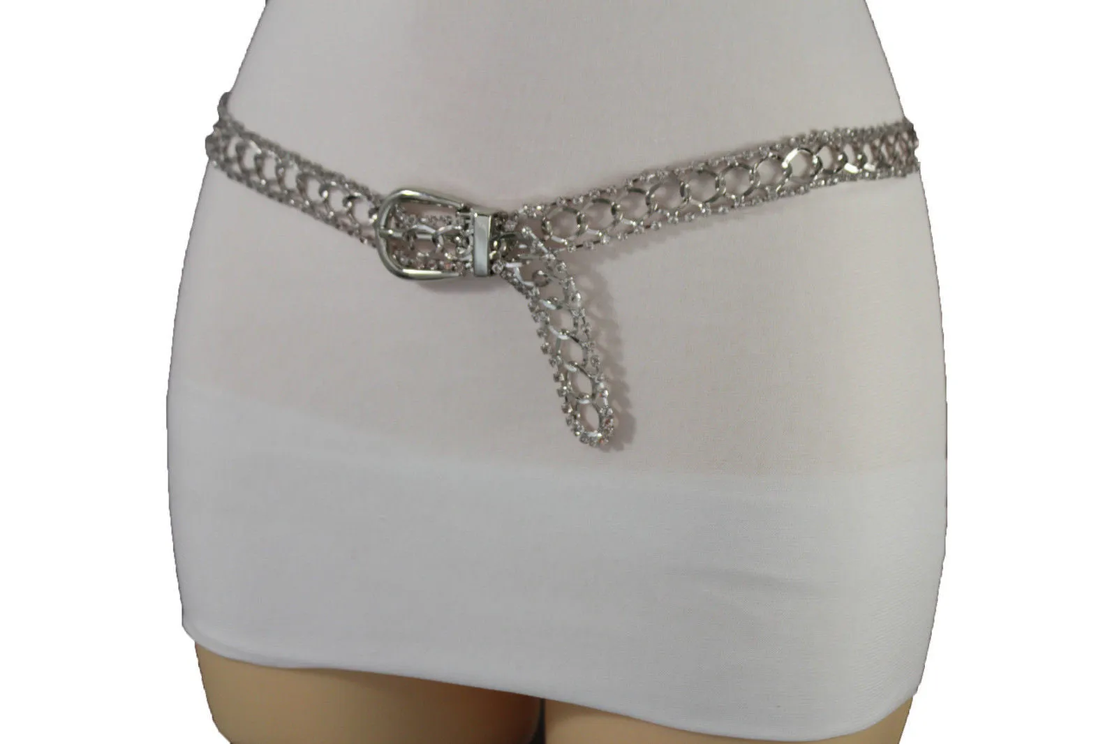 Silver Metal Chain Narrow Hip High Waist Dressy Flirty Belt Women Fahsion S M